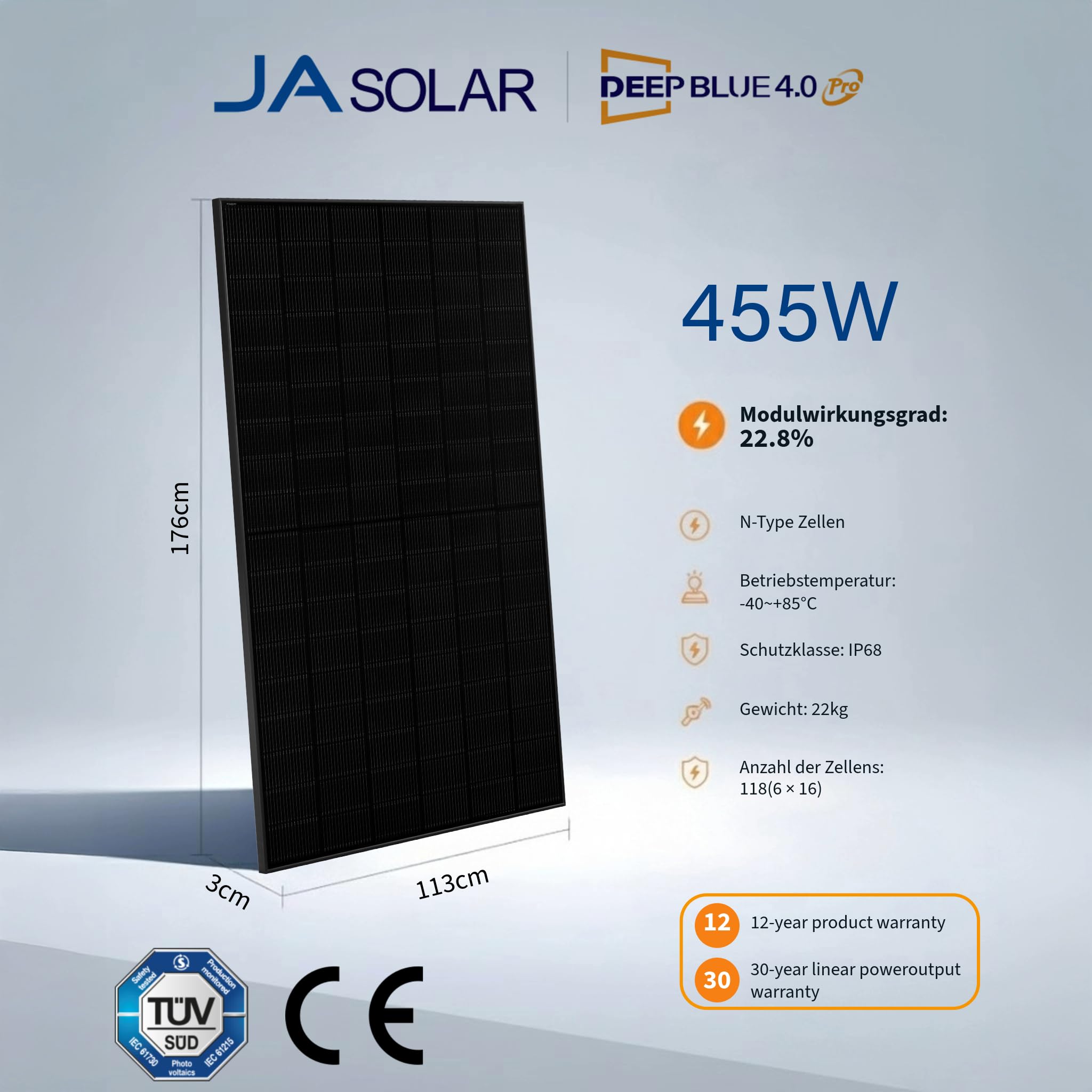 JA Solar 450W N-Typ Bifazial Glas-Glas Solarmodul full black Solar panel 22,5% Effizienz 1 pcs