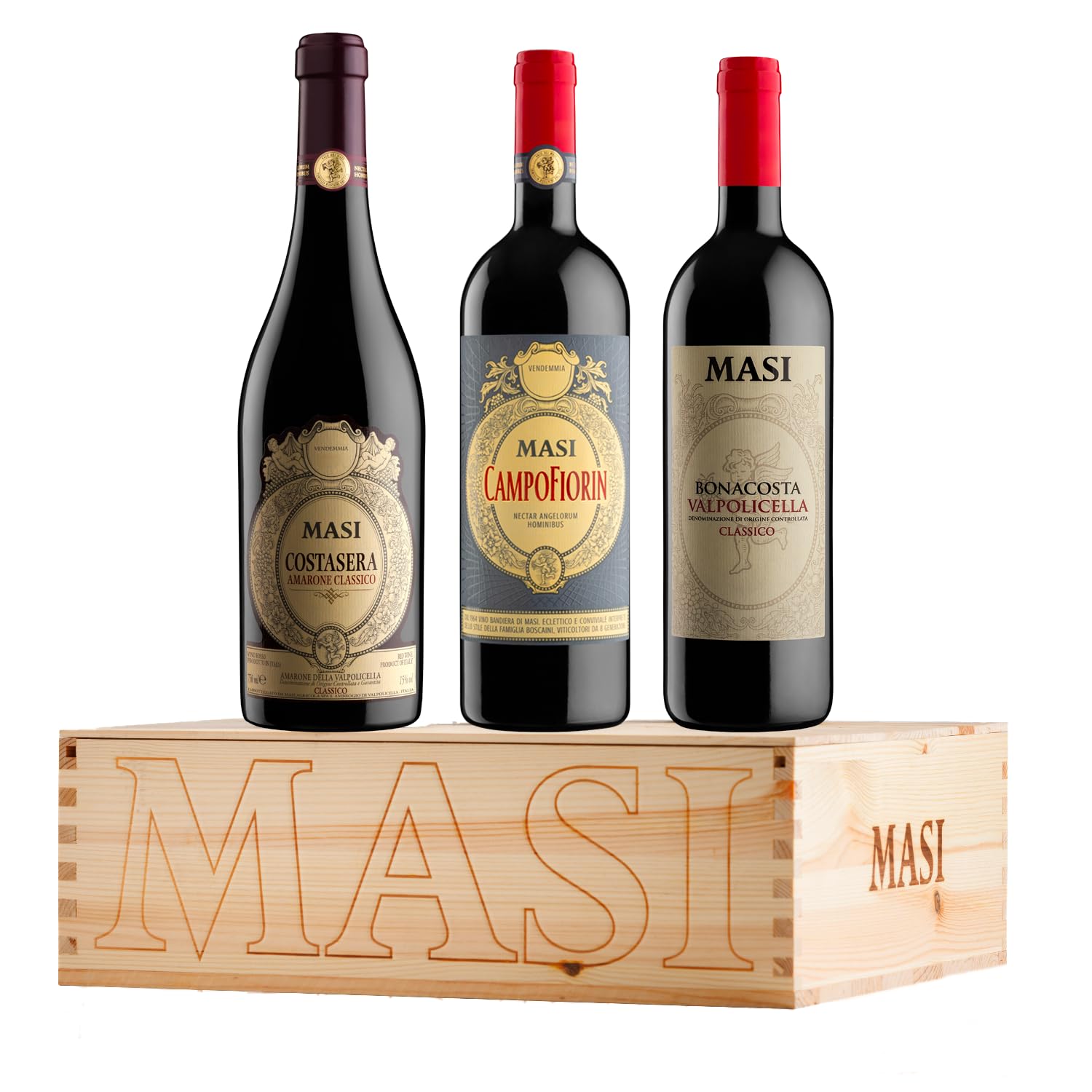 Masi | Exklusive Geschenkbox "ICONICI DI MASI" | COSTASERA 2020 Amarone Classico DOCG, CAMPOFIORIN 2022 Rosso Verona IGT, BONACOSTA 2024 Valpolicella Classico DOC | 3X750 ml | Holzkiste