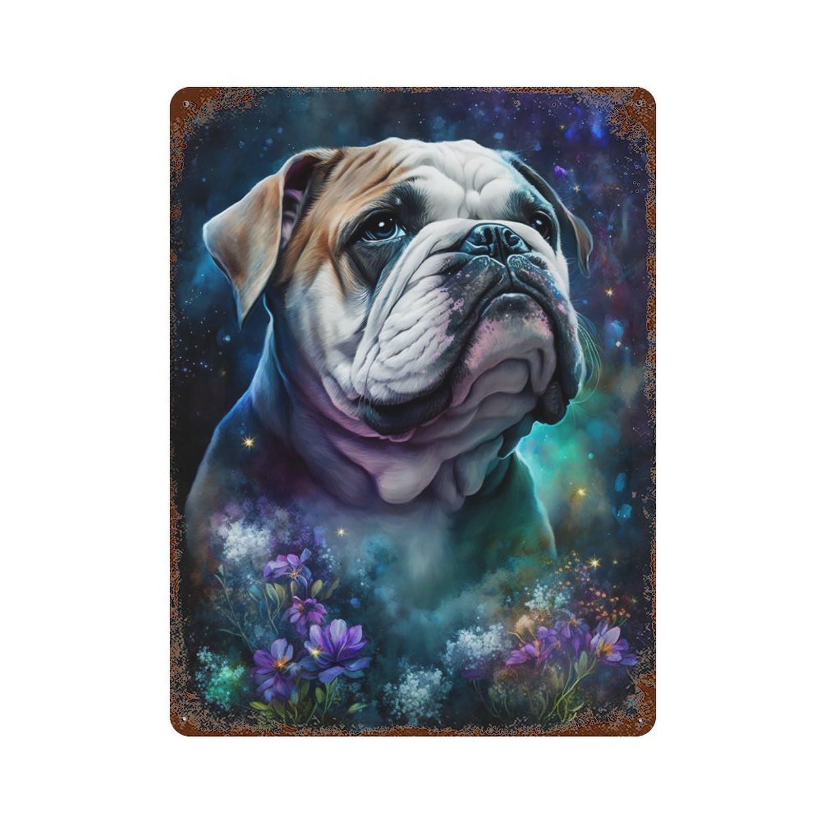 Fantasy Bulldog with Flowers -1 Rust Effect Tin Sign 15.7"x11.8", Retro Wall Decor for Pub, Kitchen And Man Cave Decor