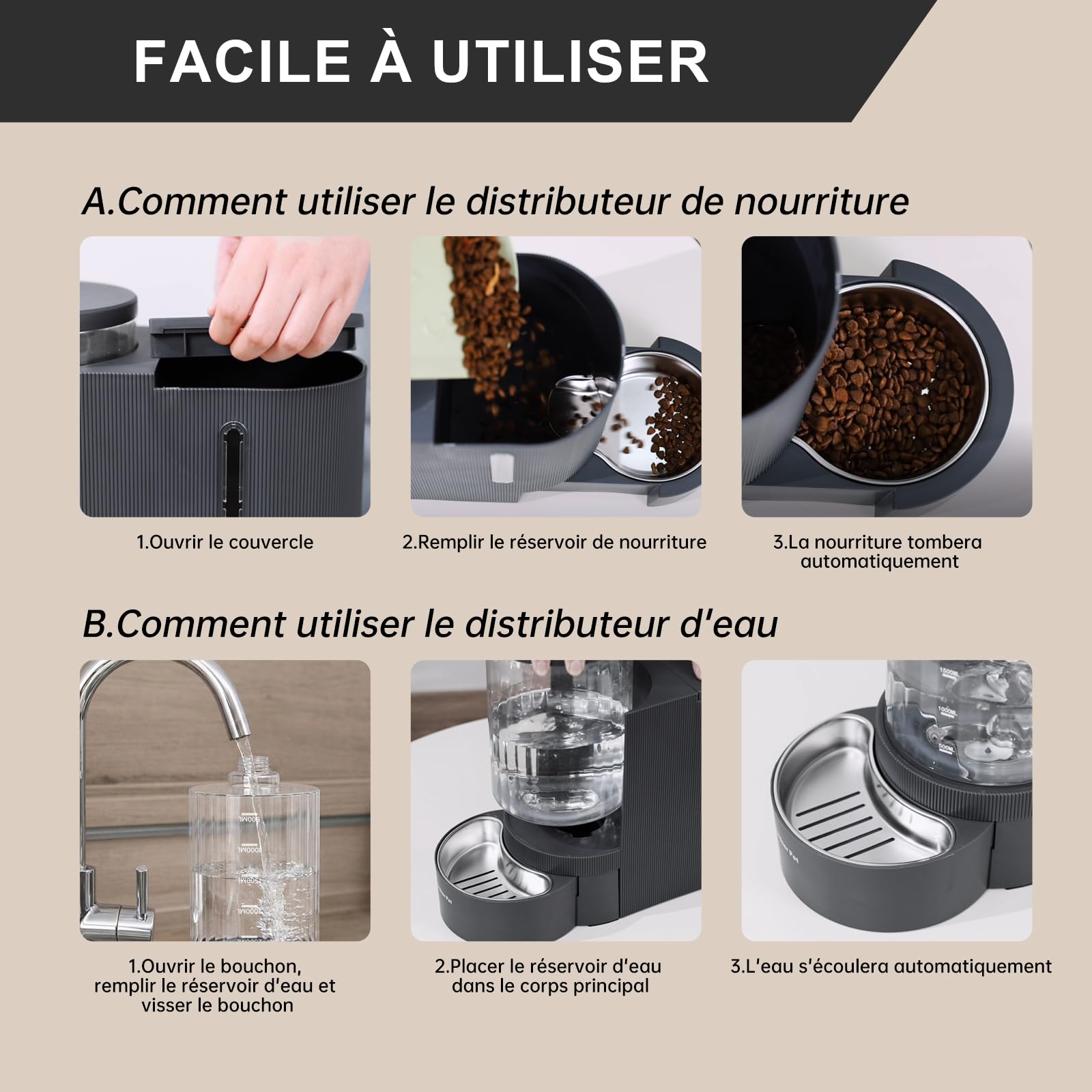 Gardner Pet 2-en-1 Distributeur Croquette Eau Chat Automatique 3Lx2 Gris | Distributeur par Gravité Non Électrique, Gamelle Acier Inoxydable, Sans BPA Angle Réglable, Tiroir Rétractable, Chat Chien
