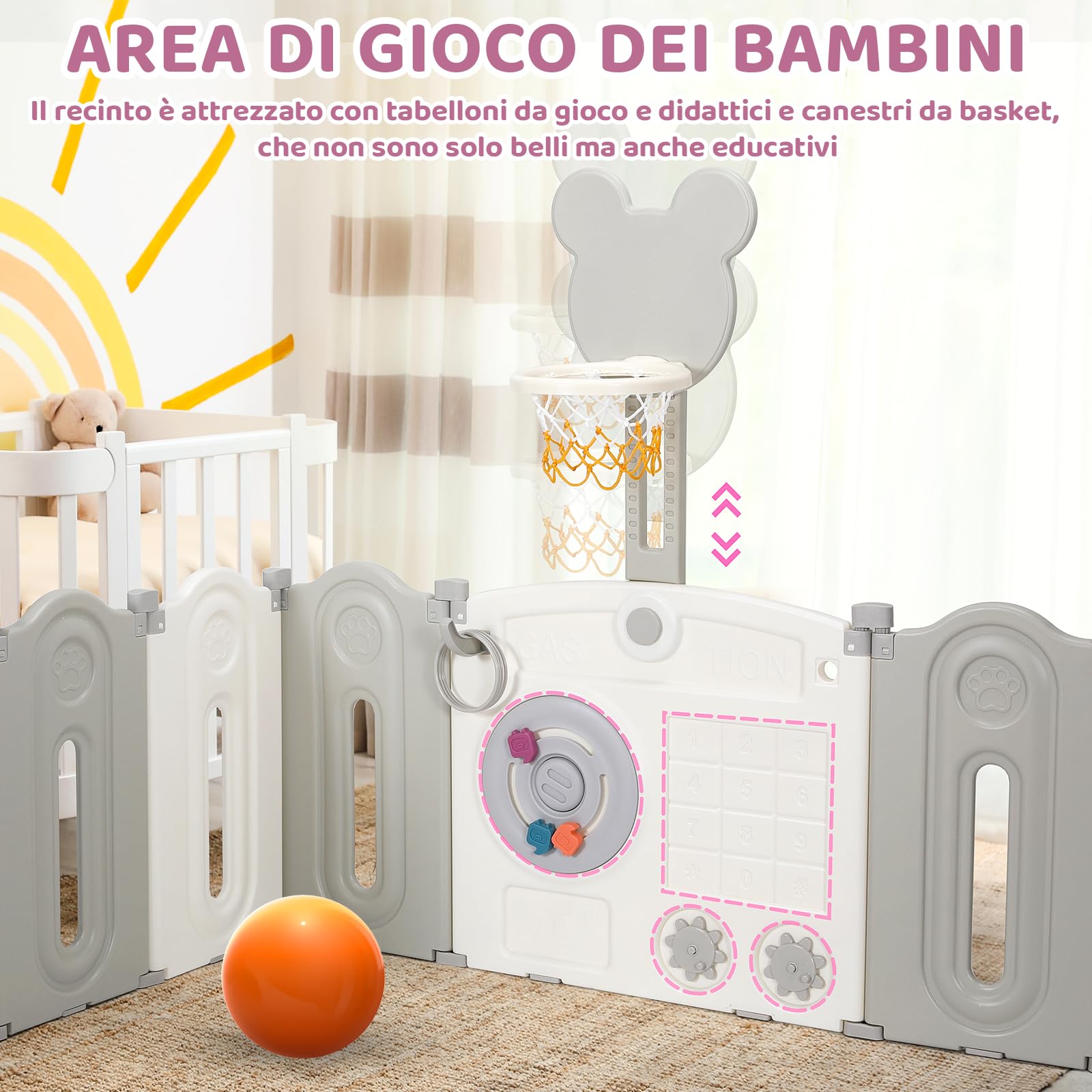 Box Bambini Pieghevole, Recinto per Bambini 143x143x64 cm, Box Neonato Forma Regolabile, con Canestro da Basket, Pallacanestro e Tavola per Giocattoli, Forte Ventosa sul Fondo, Materiale HDPE Atossico