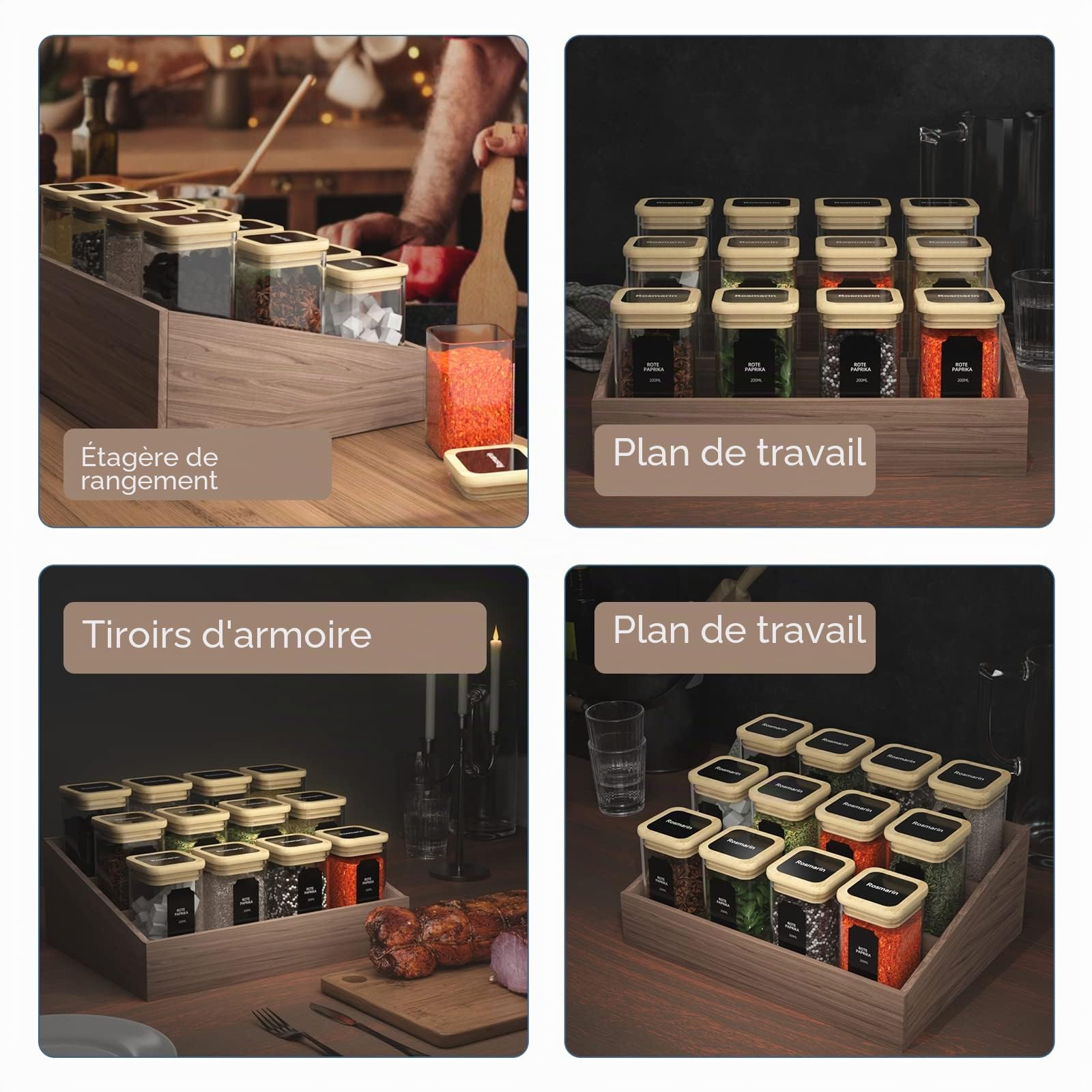 Finew Set de pots à épices carrés -12x200ml, bocal epices verre avec couvercle en bambou, bocaux de stockage en verre hermétiques avec étiquettes et marqueurs, bocaux pour conserver les épices herbes