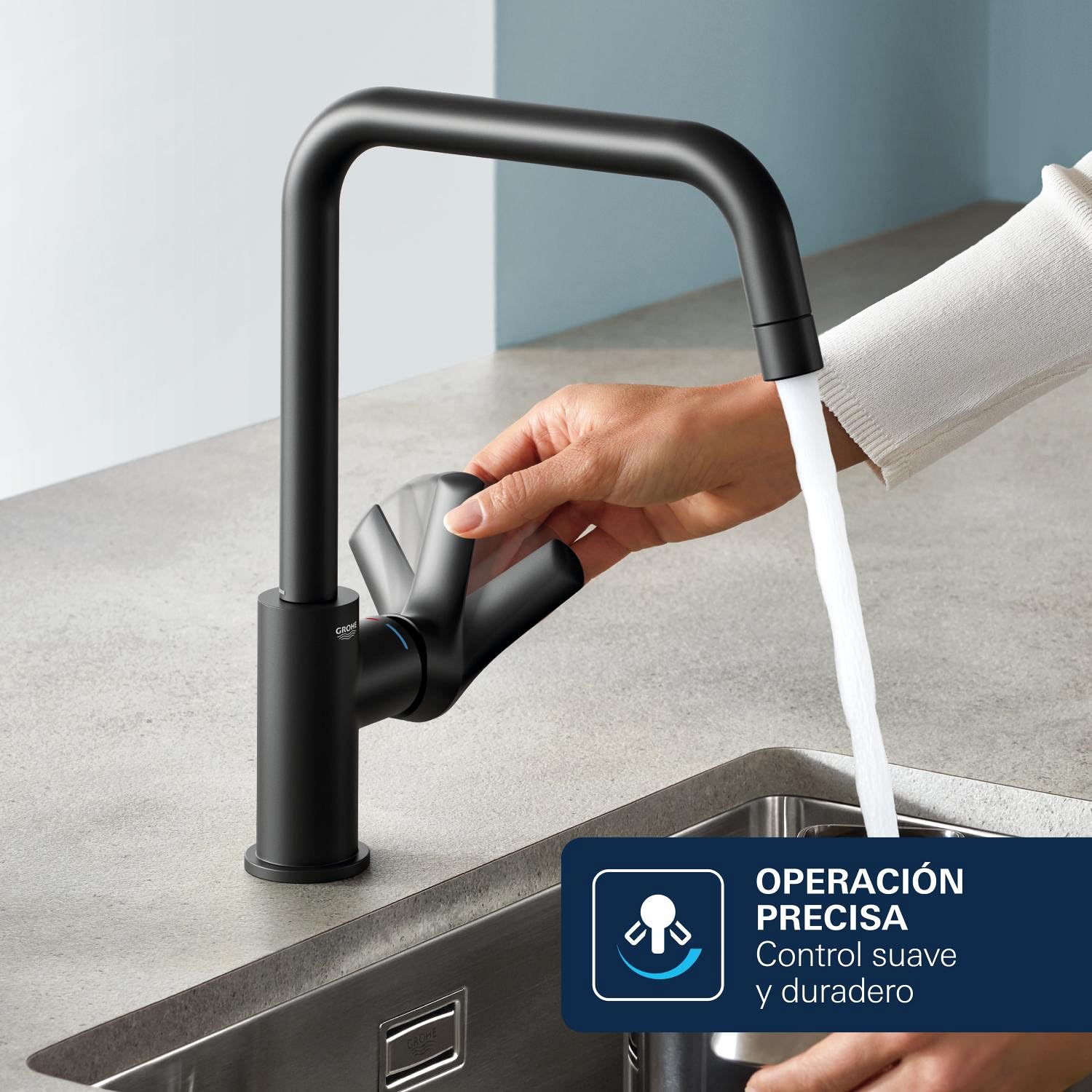 GROHE Get – Grifo Cocina con Caño Extraíble (2 Chorros, Caño Alto 381mm, Giro 360°, Cartucho 35mm, Acoplamiento Suave, Conexión 3/8", QuickMount), Negro Mate, 314842431