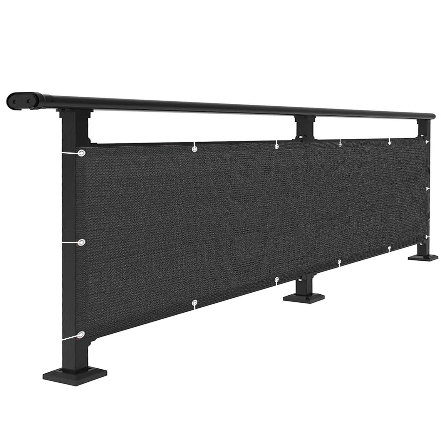 Na zewnątrz, na balustradę balkonową, 85 cm wysokości, 300 cm szerokości, czarna osłona z oczkami, do ogrodu, tarasu, patio i ochrony dziedzińca