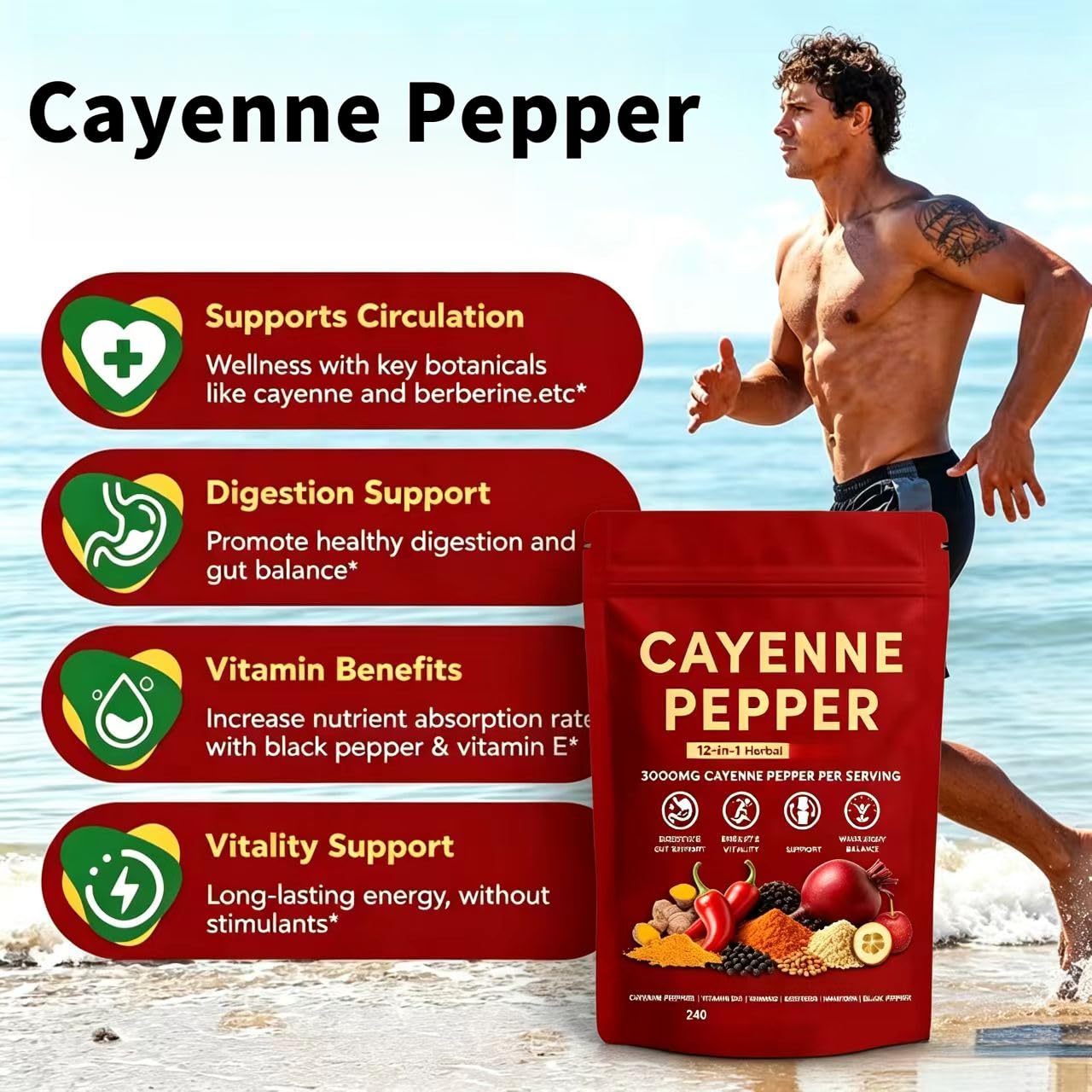 Complexe de poivre de Cayenne ， Améliore l'énergie et la vitalité, favorise la circulation sanguine, soutient en douceur la digestion et favorise l'équilibre
