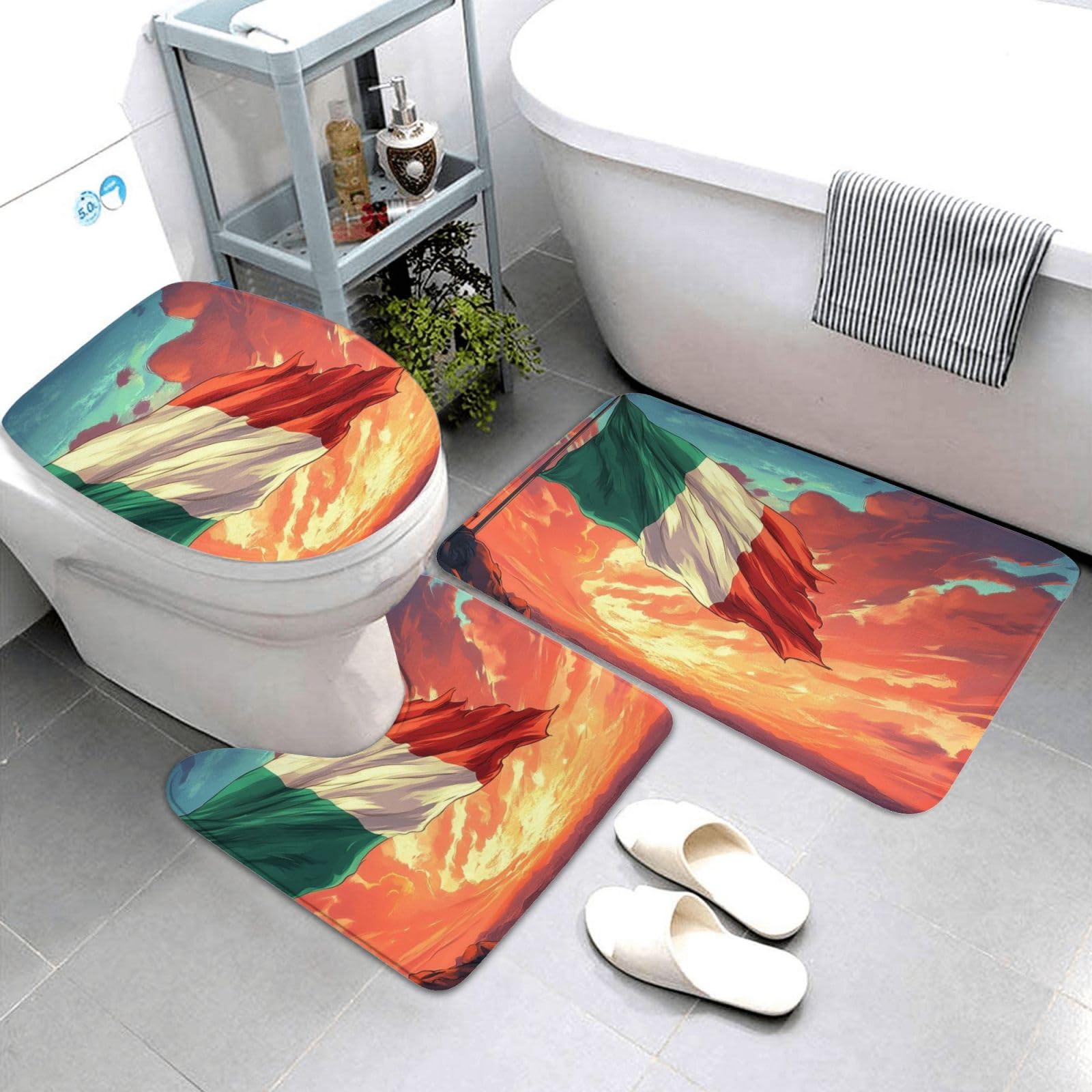 Juego de alfombras de baño de 3 piezas, diseño de puesta de sol, nubes, bandera nacional, tapetes de baño de espuma viscoelástica suave y absorbente y alfombra de inodoro en forma de U, decoración del