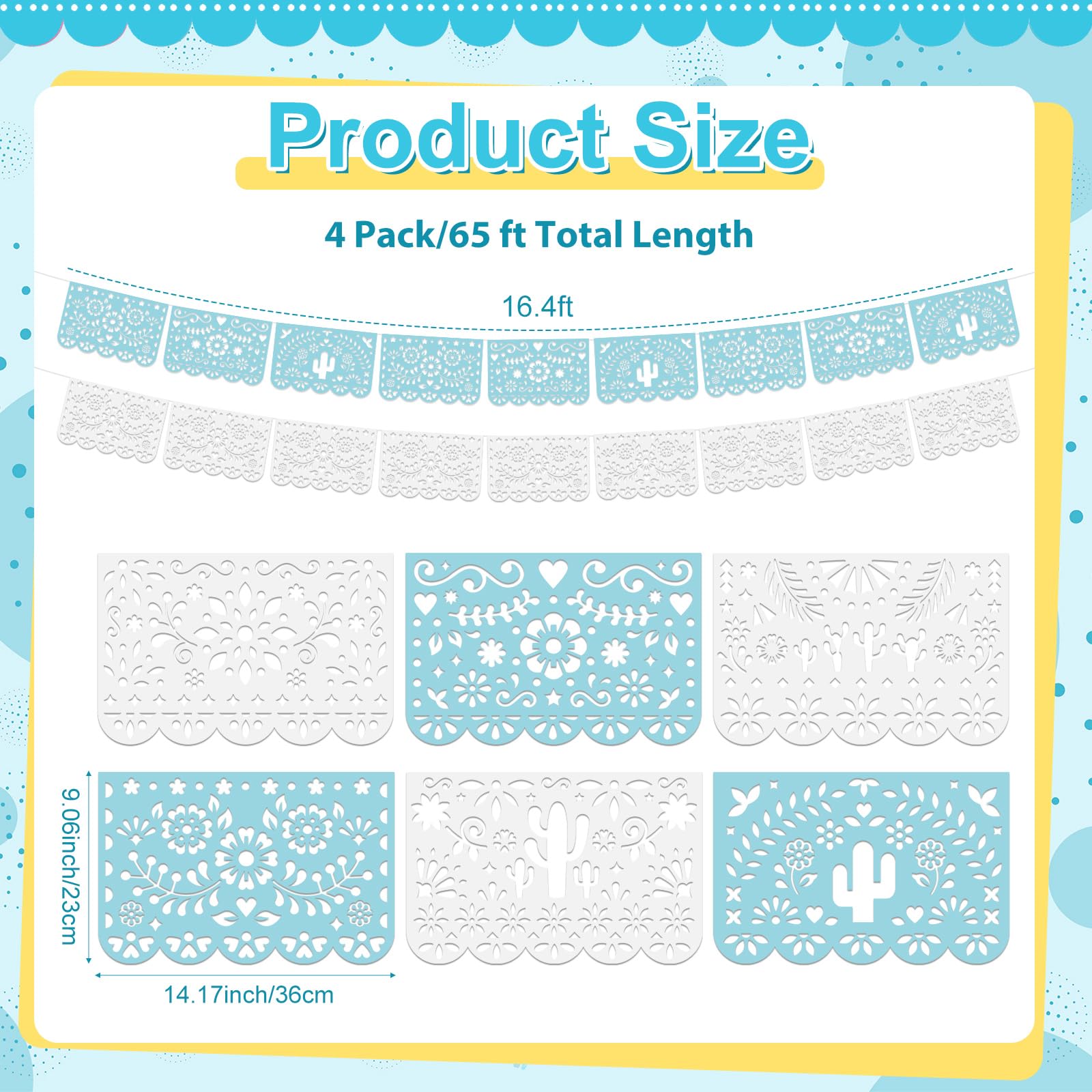 Tiamon Paquete de 4 guirnaldas de papel picado, decoraciones de fiesta mexicana de plástico para fiestas, Cielito Lindo Cinco de Mayo, baby shower, Día de Muertos, decoración colgante para interiores