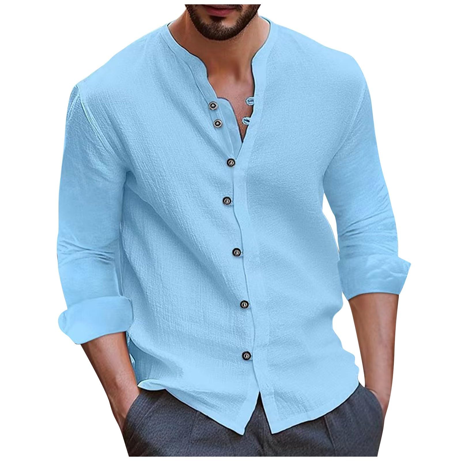 Long Sleeve Shirt Men Vintage Lightweight Plus Size Button Down Blouses Casual Workout Loose V-Neck Cotton Linen Tops