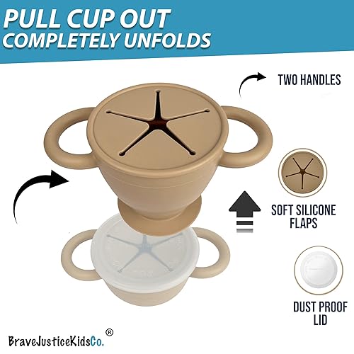 Miniatura 2 de BraveJustice KidsCo. Snack Attack II Snack Cup  Recipiente plegable de silicona para refrigerios  Tapa para atrapar aperitivos para niños pequeños y