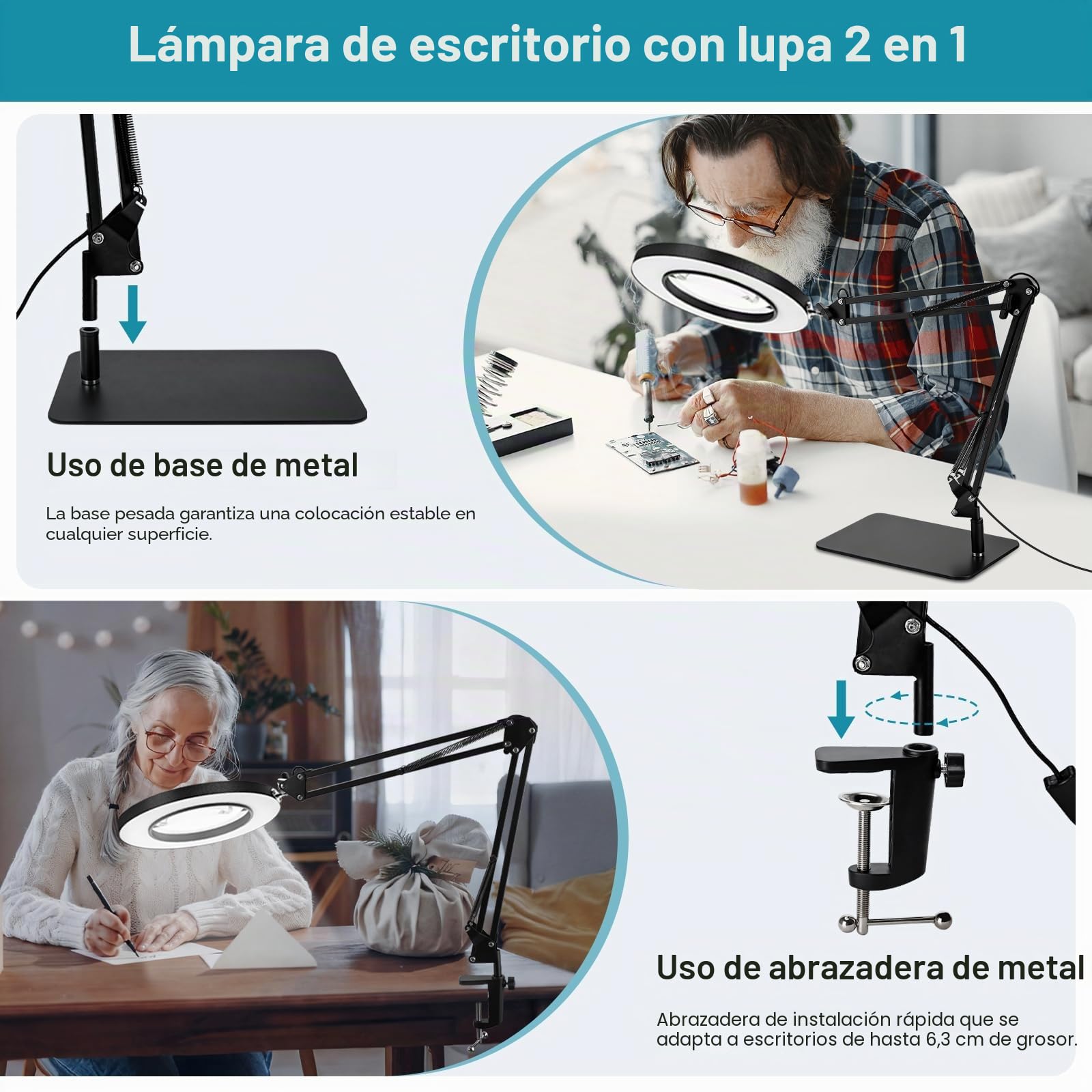 Lupa 15X con luz y soporte | 3 modos de color, lámpara de lupa con luz LED, para leer, pasatiempos, manualidades, costura, para personas mayores