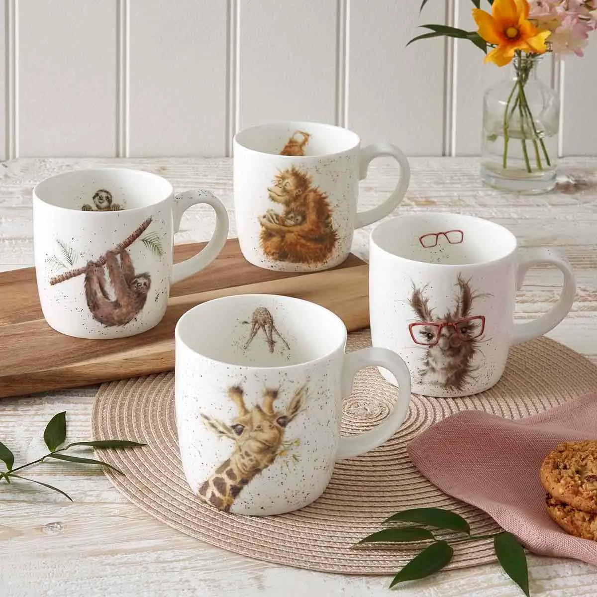 Royal Worcester Wrendale Deigns Zoo-olgy - Set di 4 tazze in ceramica, misura grande, 0,4 l