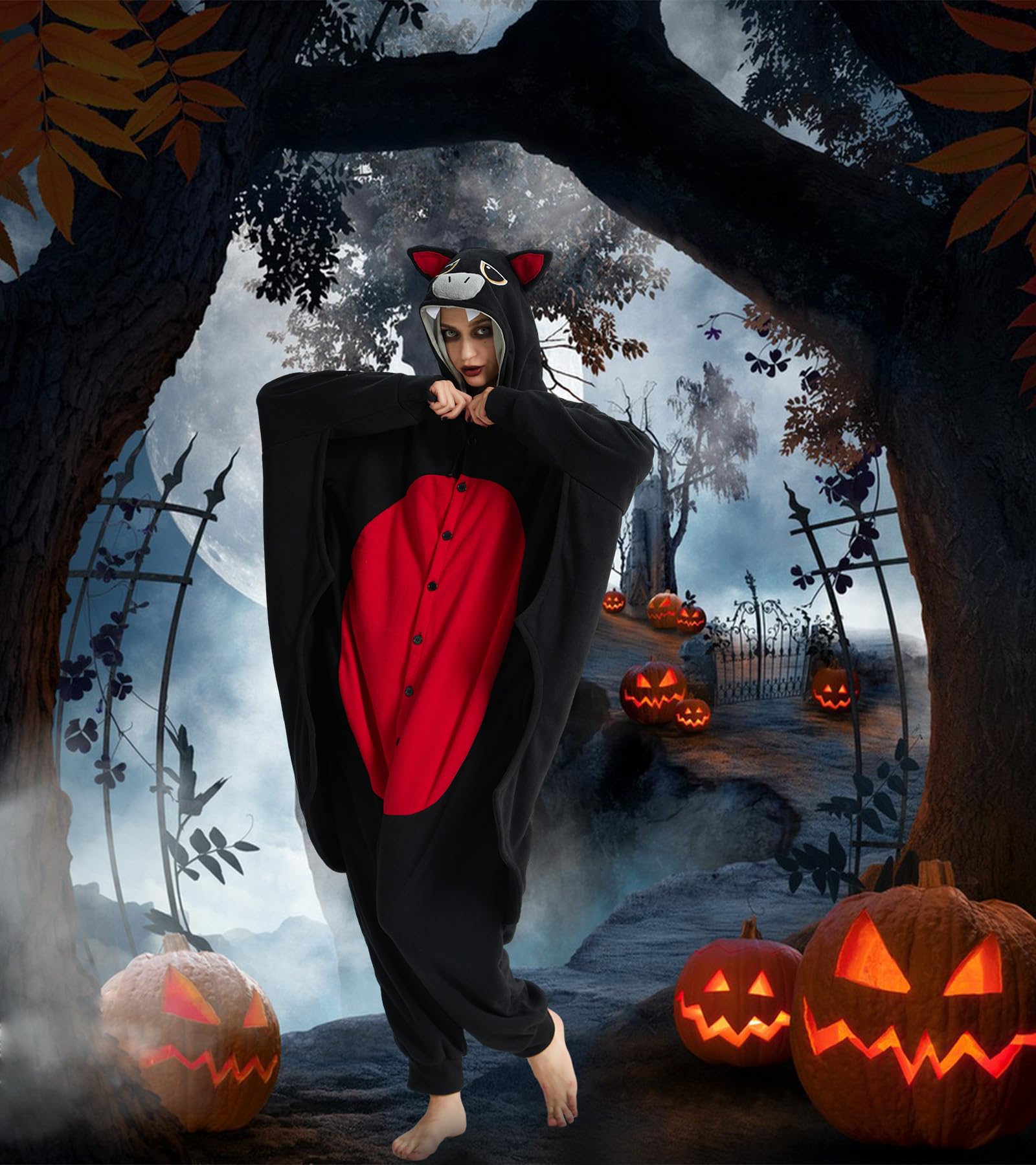Dodheah Murciélago Pelele Adulto Pijamas de Halloween Negro Animal Cosplay Costume Pijama de Una Pieza para Mujeres Hombres