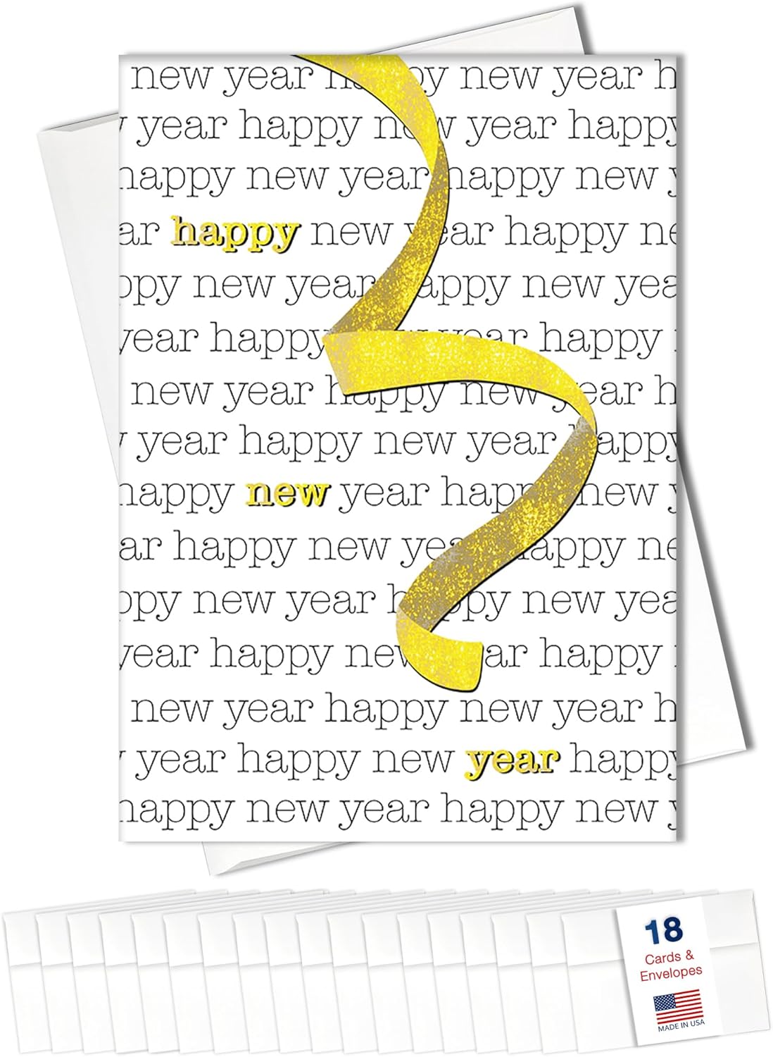 New Years Cards for Business & Family (Ribbon Curl) Greeting Card Set Pack of 18 Happy New Year Cards with Envelopes for 2025 (5x7 inch - A7) Great for Office, Work, Employees & Clients N2403