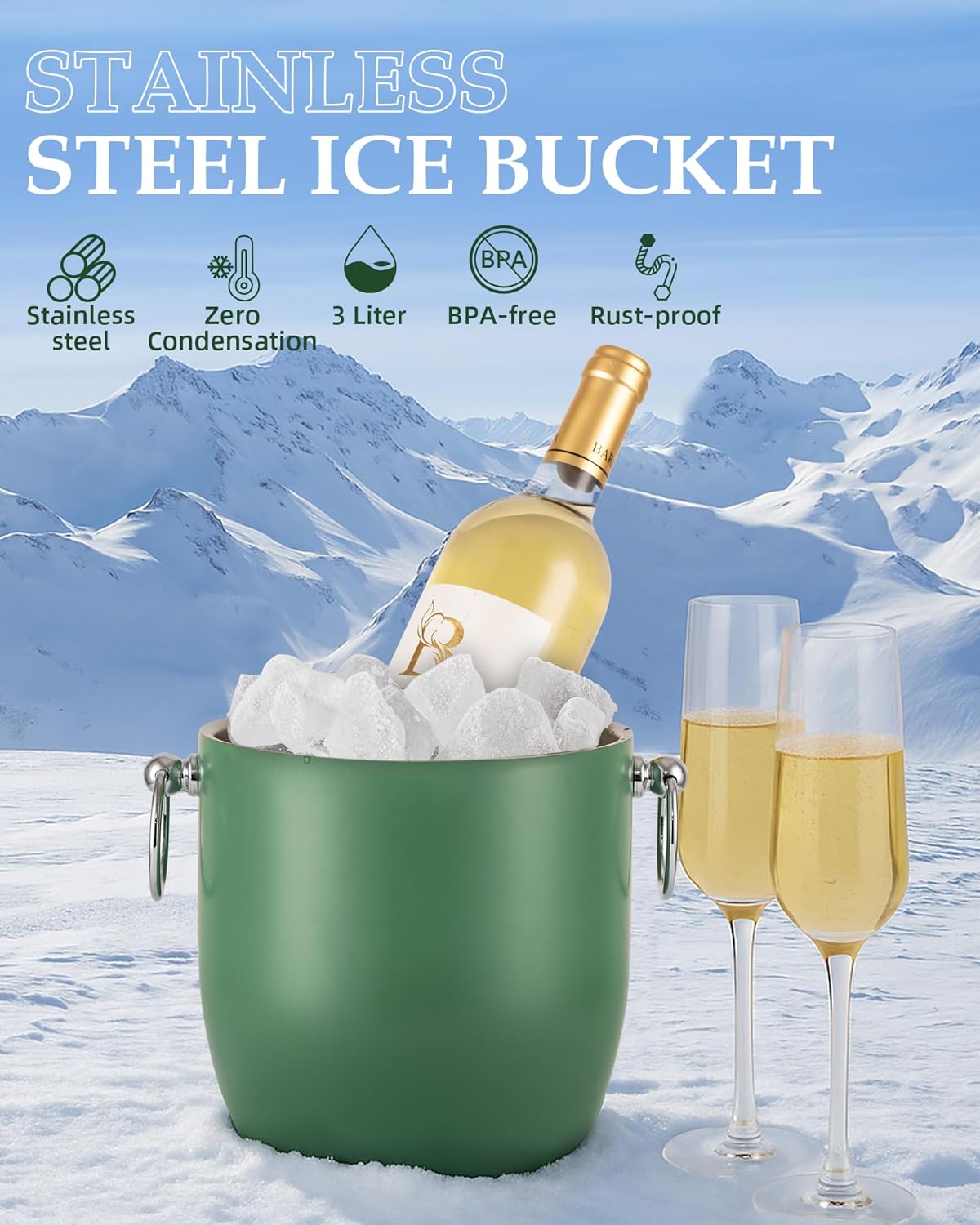 Insulated Ice Bucket, 3L Double Wall Stainless Steel Ice Bucket with Tongs,Lid, Scoop and Strainer, Ice Buckets for Parties,Cocktail Bars, Chilling Beer, Champagne, Wine Bottles,Green - Image 3