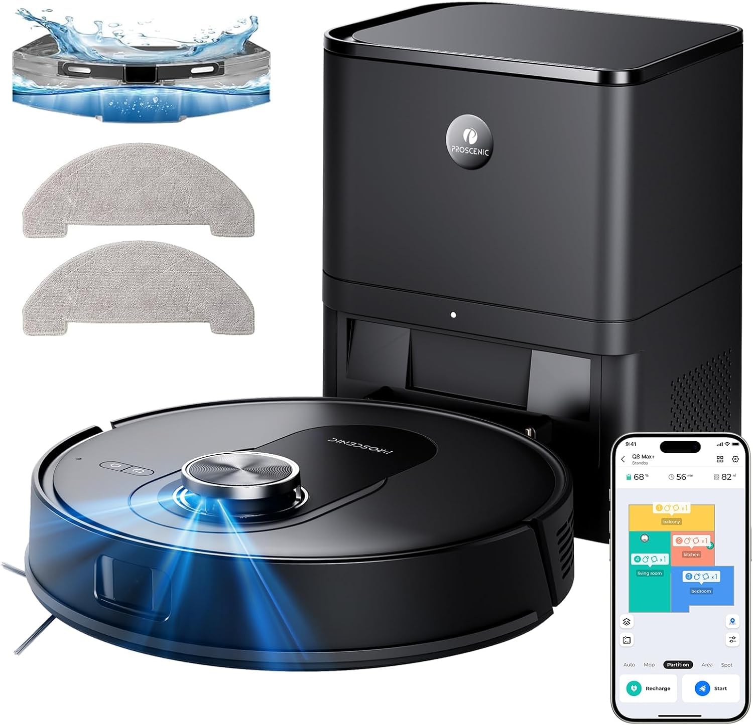 Proscenic Q8 Max+ Robot Aspirapolvere Lavapavimenti con Mappatura 8000Pa, 200 min, Evitamento Automatico Degli Ostacoli, Robot aspirapolvere con WiFi/Alexa/App, per Tappeti/Pavimenti/Peli