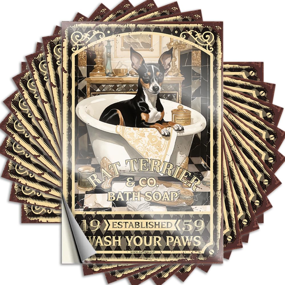 Fzfn Men's Colour Office Decor For Decals Boys Cover Rat Terrier Bath Soap Wash Your Paws | Optical Illusion Waterproof Vinyl Stickers(12X18cm)