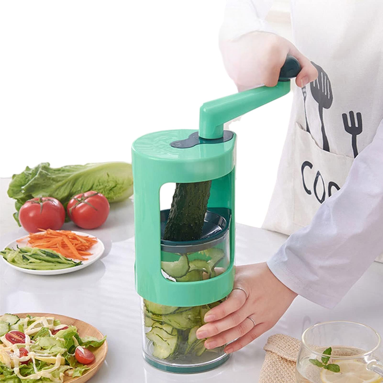 Cortador manual en espiral de verduras, verde, material PS+ABS, diseño giratorio, rallador de cocina multifunción con mango ajustable 9 en 1 para pepino, zanahoria, tomate, apto para lavavajillas