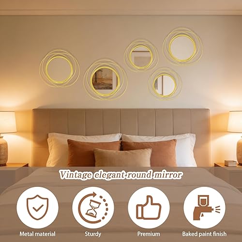 Miniatura 5 de 5 Pcs Decorative Round Modern Gold Circle Mirror Metal Wall Mounted Mirror Wall Art Ring for Hallway, Entryway, Living Room, Dining Room, Bedroom