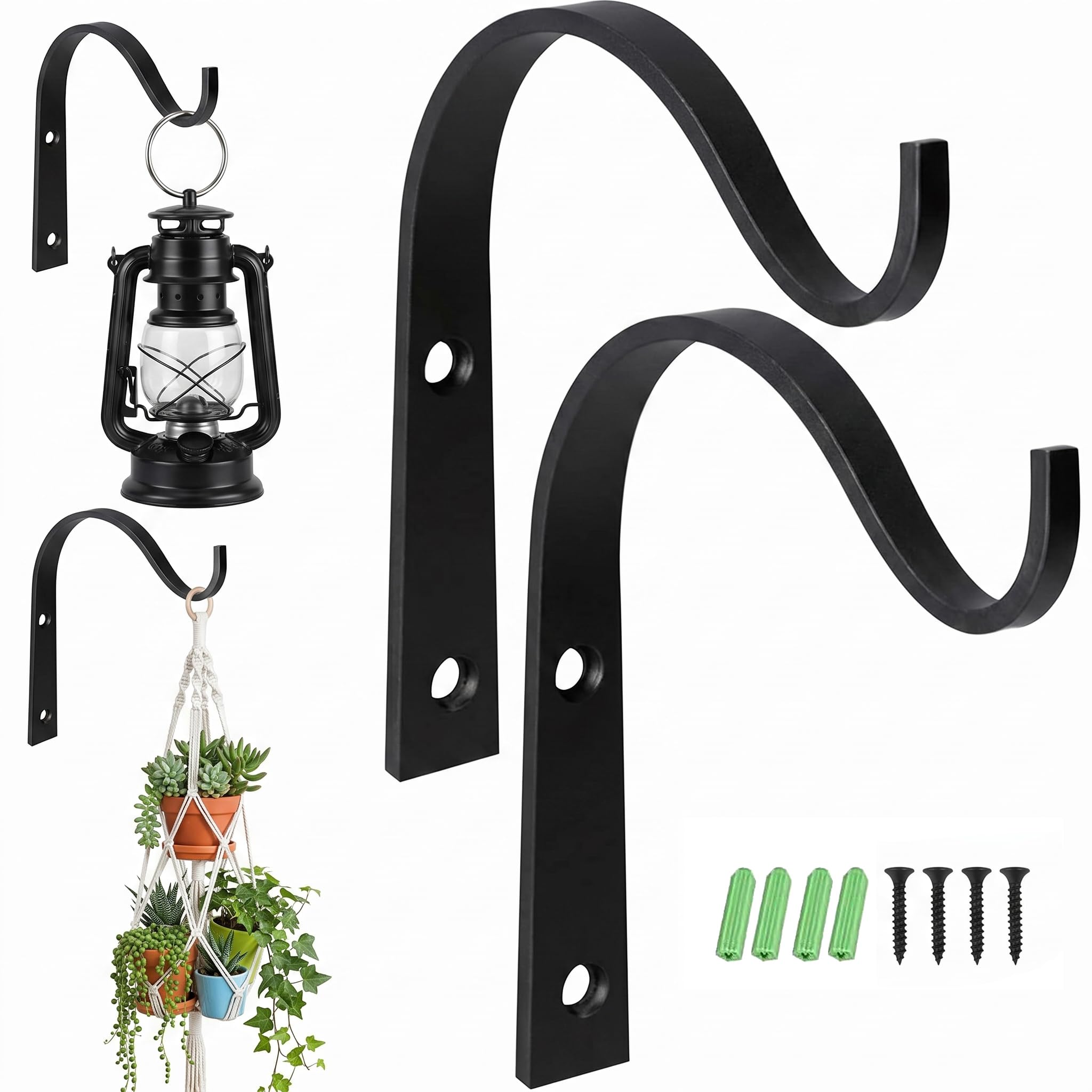 2 Pack Small Hanging Basket Brackets,Outdoor Plant Hooks for Concrete Post,Plants Bracket Hanger, Wall Iron Black Arc Hook Hangers,Garden Wall Fence Post Indoor Hanging Baskets,Planter Lantern Hangers