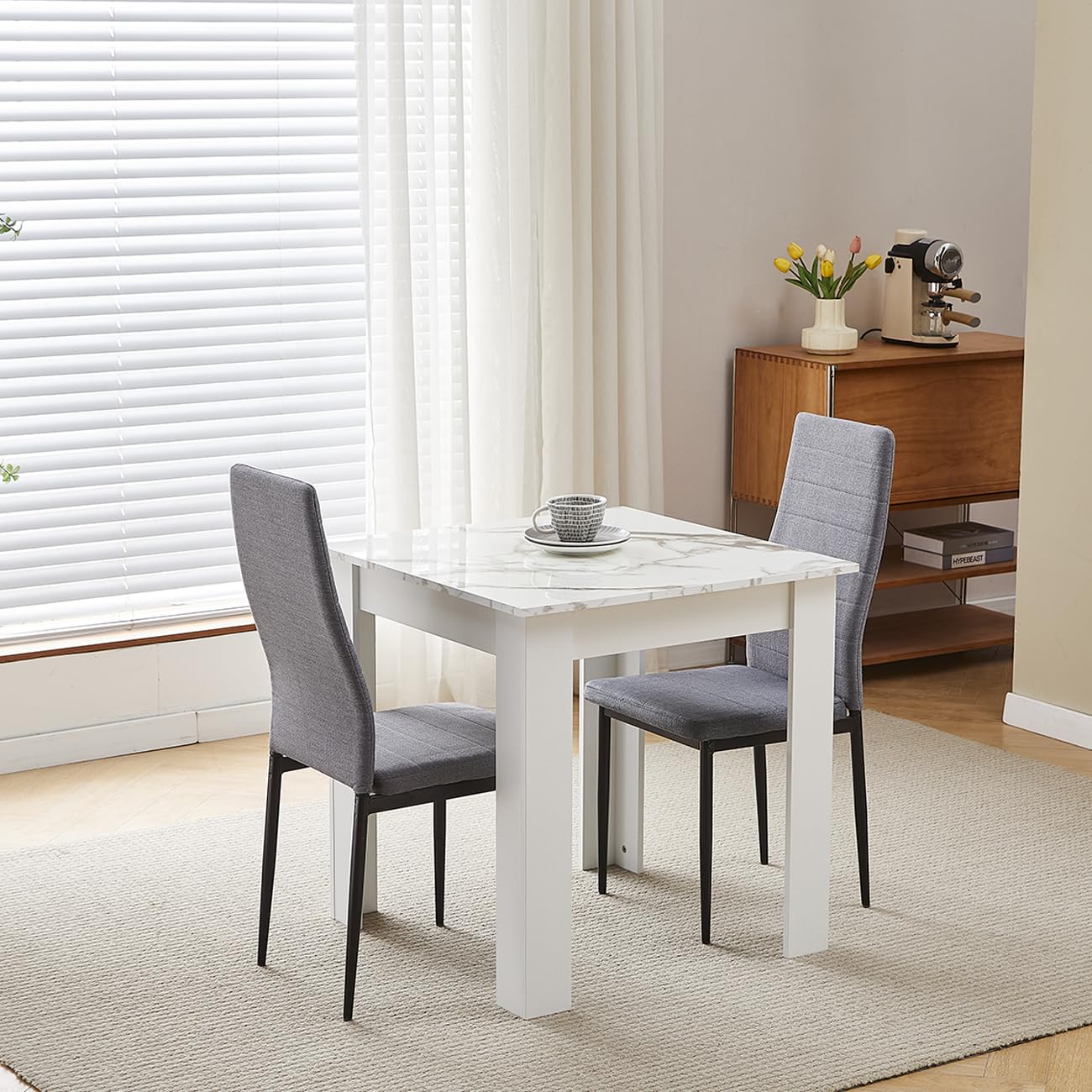 NICEME Compact Dining Table and 2 Chairs, Small Dining Room Set for 2 Seater Kitchen Table with Chairs for Small Space Saving, Glossing Tabletop 75x75 cm (Marble-White Table, 2 Seats, Linen Gray #1) โ image 1