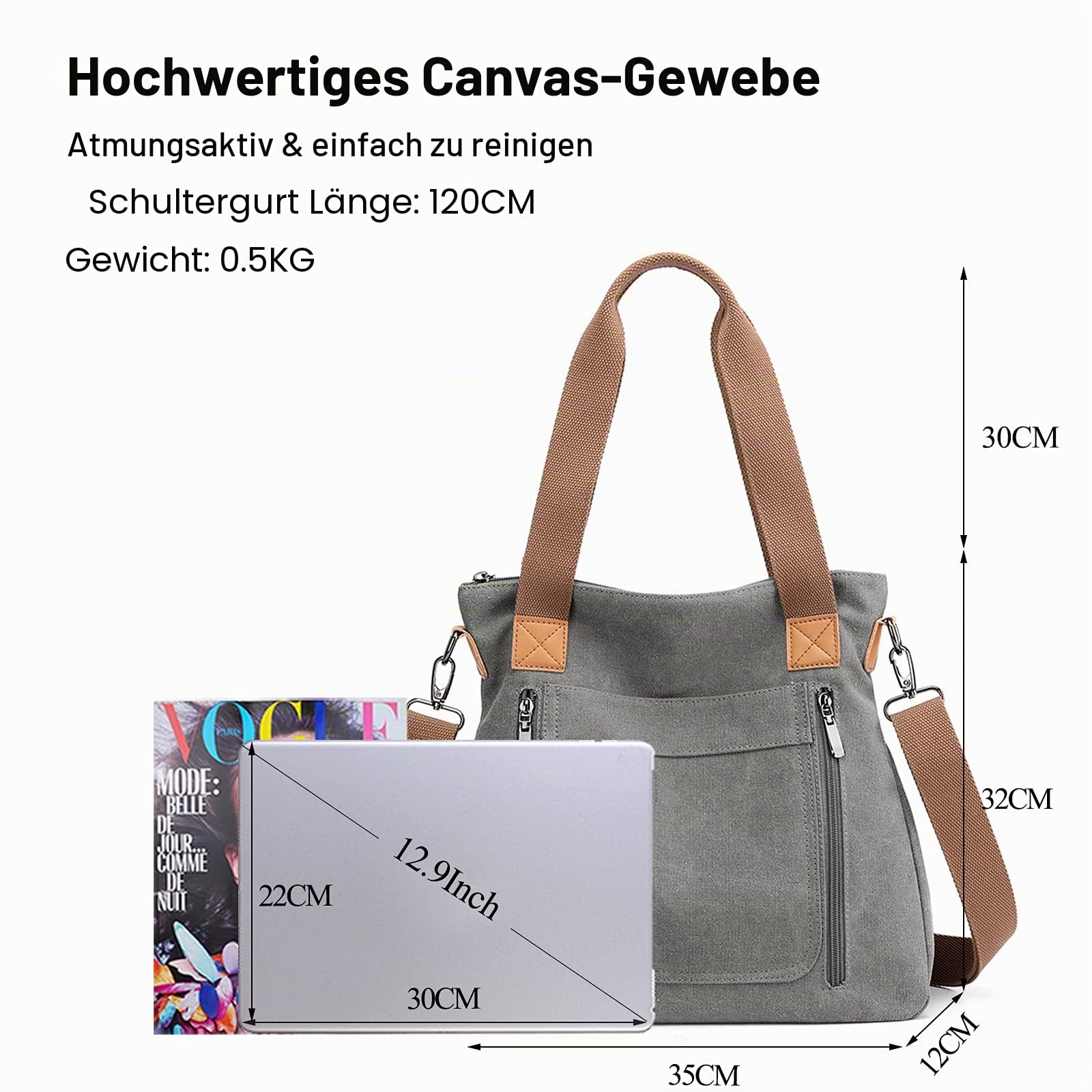 FANDARE Retro Handtaschen Leinwand Schultertasche Damen Umhängetasche Frauen Arbeitstasche für 12.9 Zoll Tablet Shopper Reisen Crossbody Messenger Bag Grau