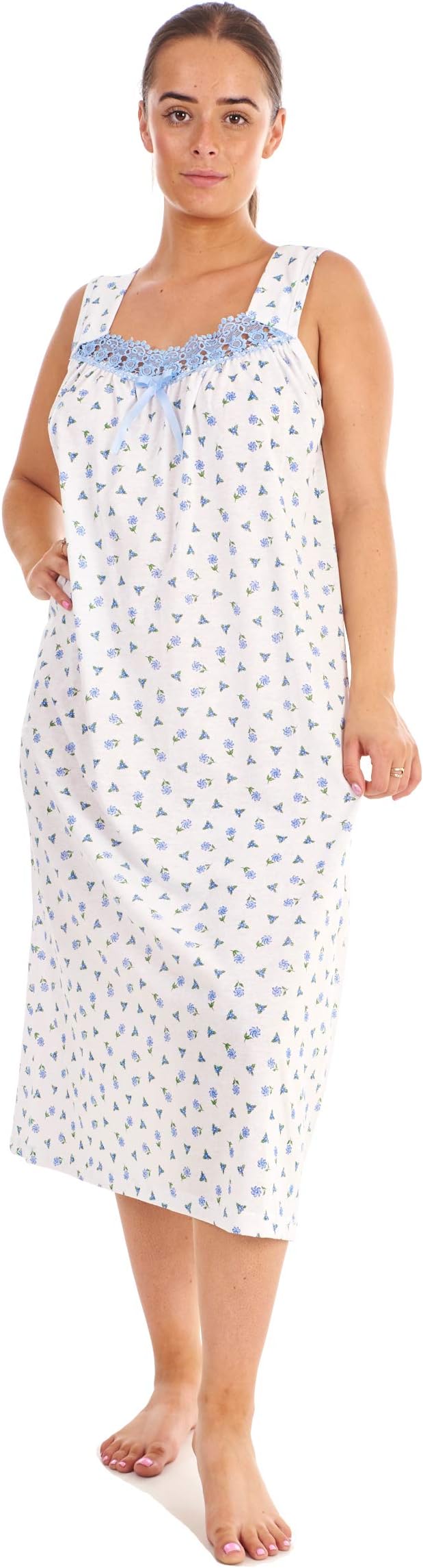 Bay eCom UK Ladies' Nightwear, 100% Cotton Sleeveless Long Nightdress with Floral Print, M to XXXL, Blue, Pink, Lavender, Mint