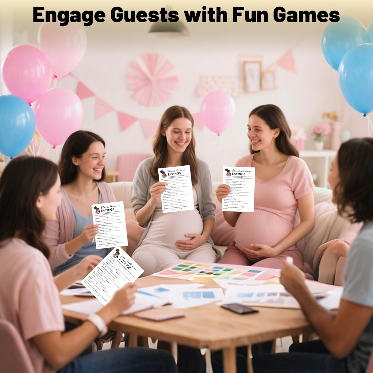60 Sets Black Mama Sayings Baby Shower Game Cards with Answer Pages,Funny Prints Party Activity Sheets,Fill in The Blank Game Cards for Baby Birthday Team Building,5x7 Inch