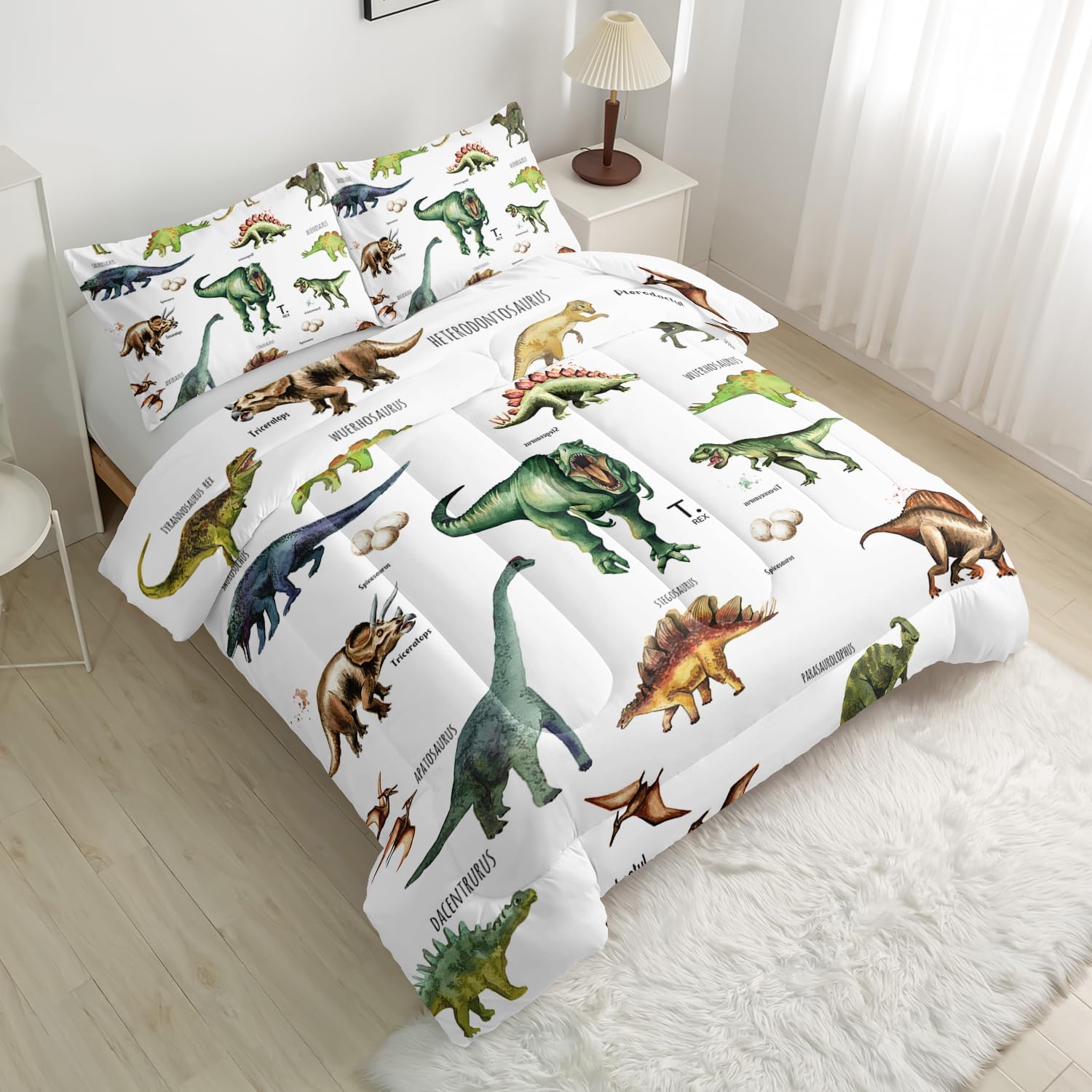 Dinosaur Comforter Set for Kids Teens and Adults Twin Size，Dinosaur Printed Quilt Set for Bedroom Soft Microfiber All Season Print Quilt Set with 1 Comforter and 2 Pillow Case