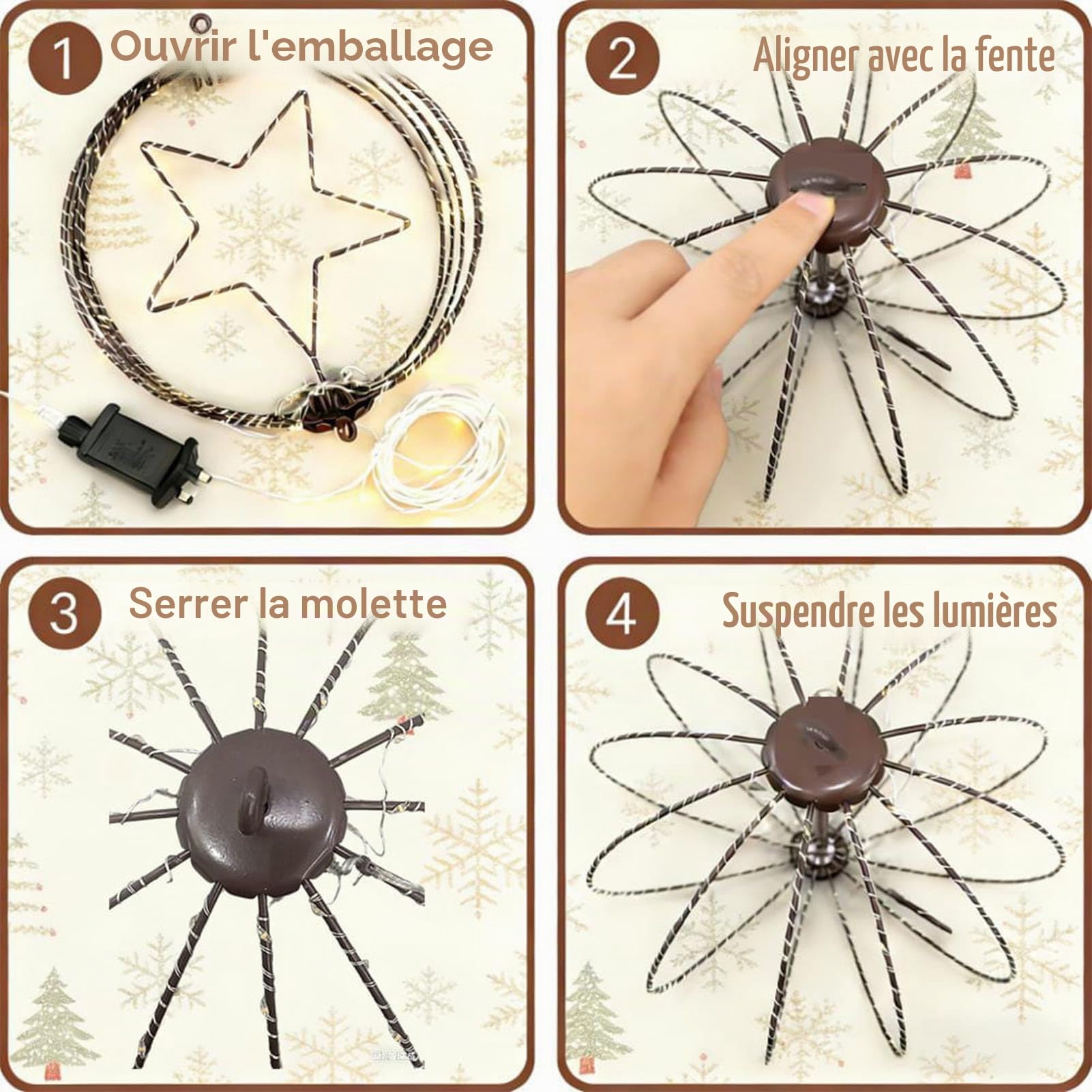 Yowin 2 Pièces Boule Lumineuse Noël 30CM 200 LED Étoile Lumineuse avec Transformateur, Minuterie, 8 Modes Boule de Noël Exterieur Étanche Guirlande Lumineuse pour Jardin Decoration - Cadre Marron