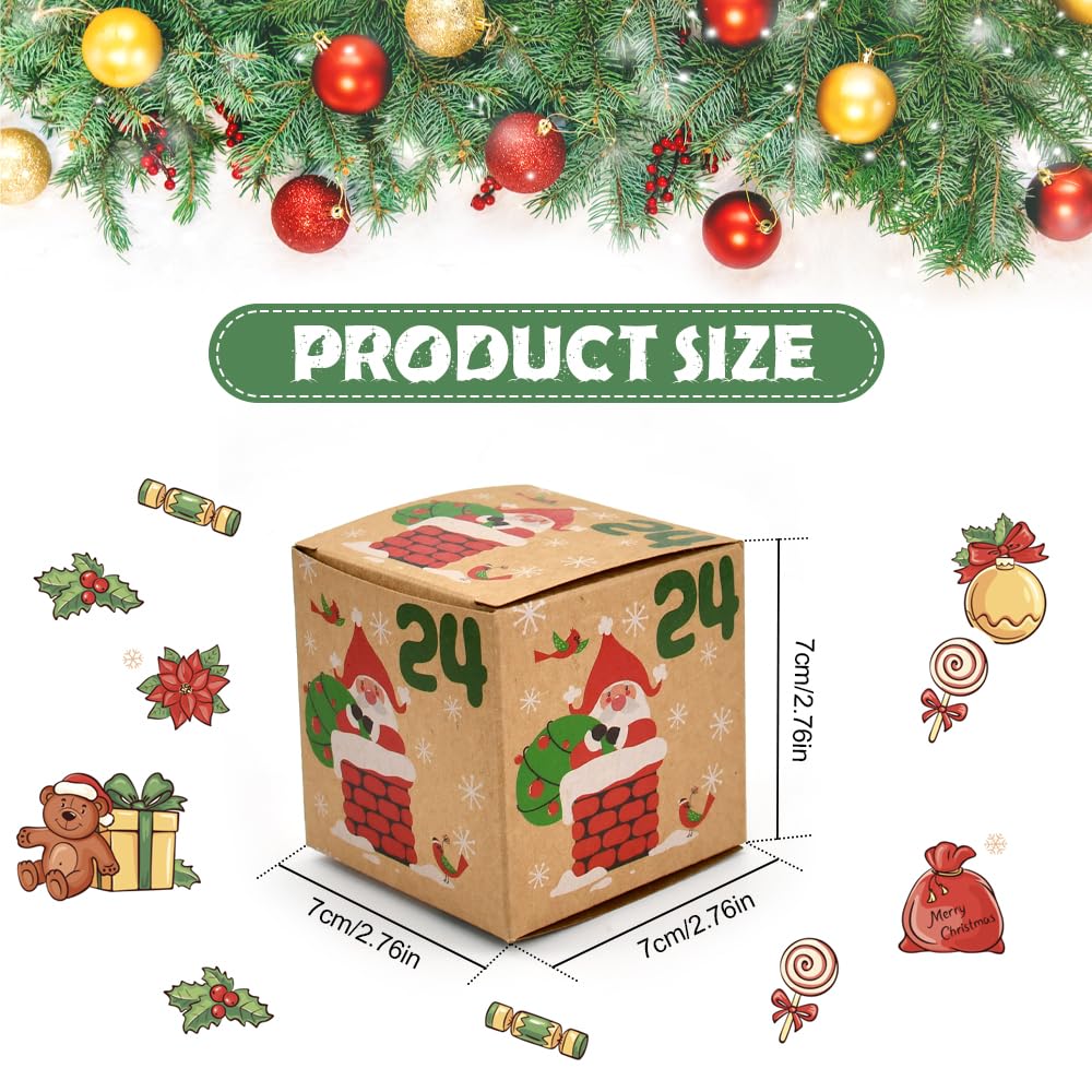 24 Boîtes Kraft Calendrier Avent Noël - 7x7x7cm - Motifs Festifs - À Remplir Bonbons Ou Cadeaux
