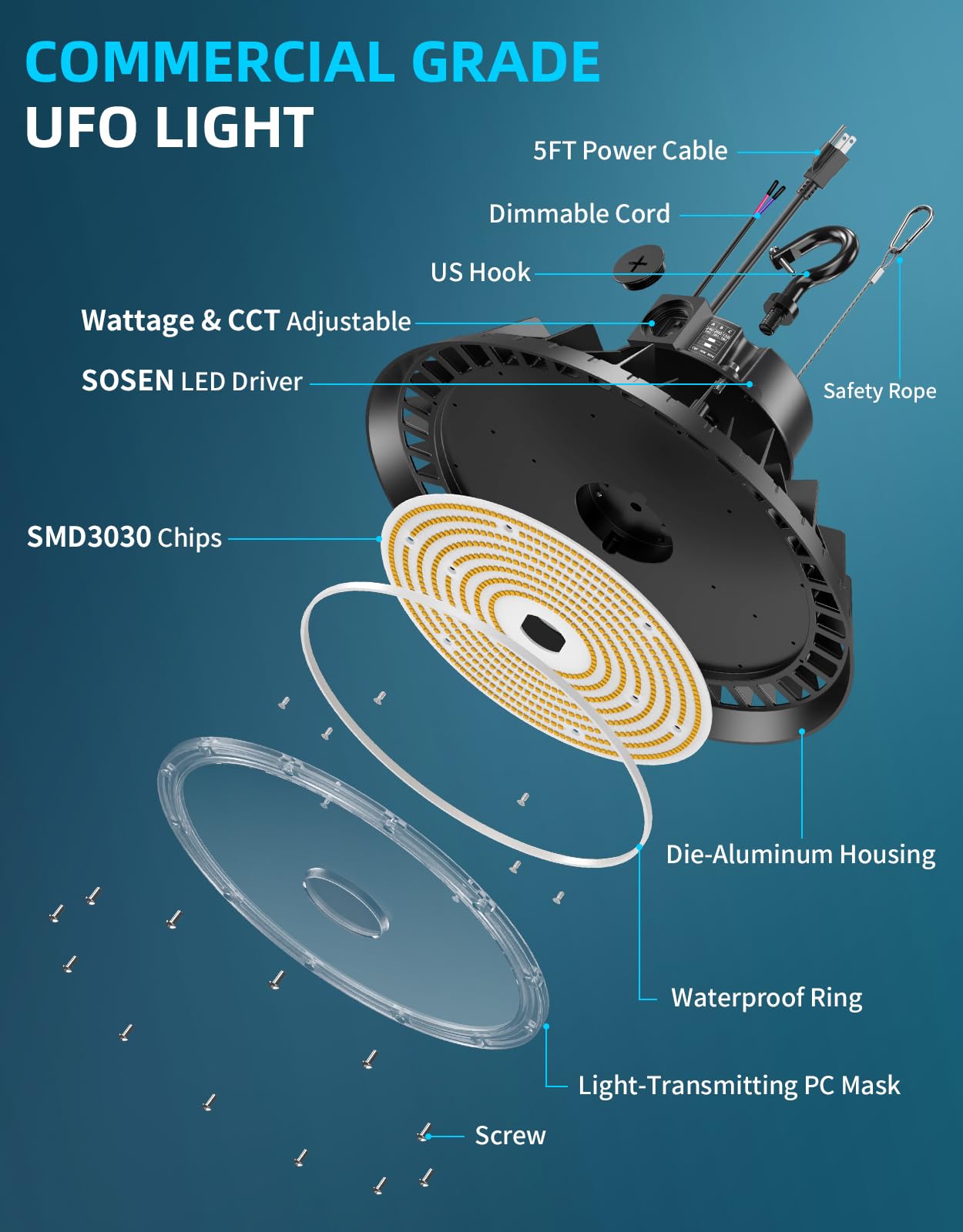 UFO LED High Bay Light 300W 240W 200W Adjustable 5700K 5000K 4500K Dimmable High Bay LED Shop Light — view 6