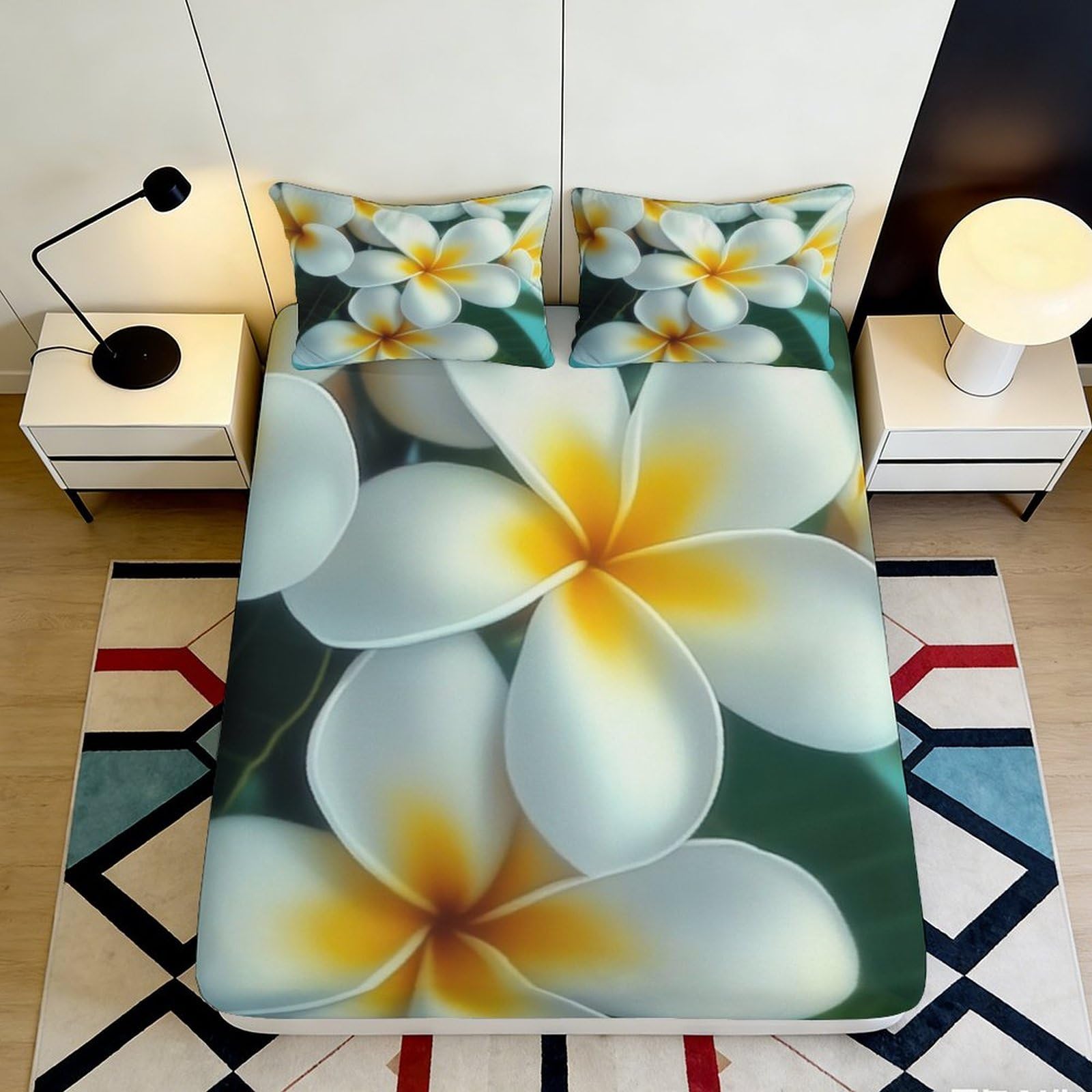 3D Printed Plumeria Flower Fitted Sheet Microfiber Soft Breathable Tropical Blossom Bed Cover for Bedroom Dorm Decor 90x200x25cm