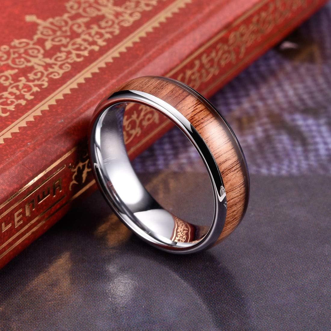 THREE KEYS JEWELRY 4mm 6mm 8mm Black Tungsten Wedding Ring Domed with Real Koa Wood Inlay