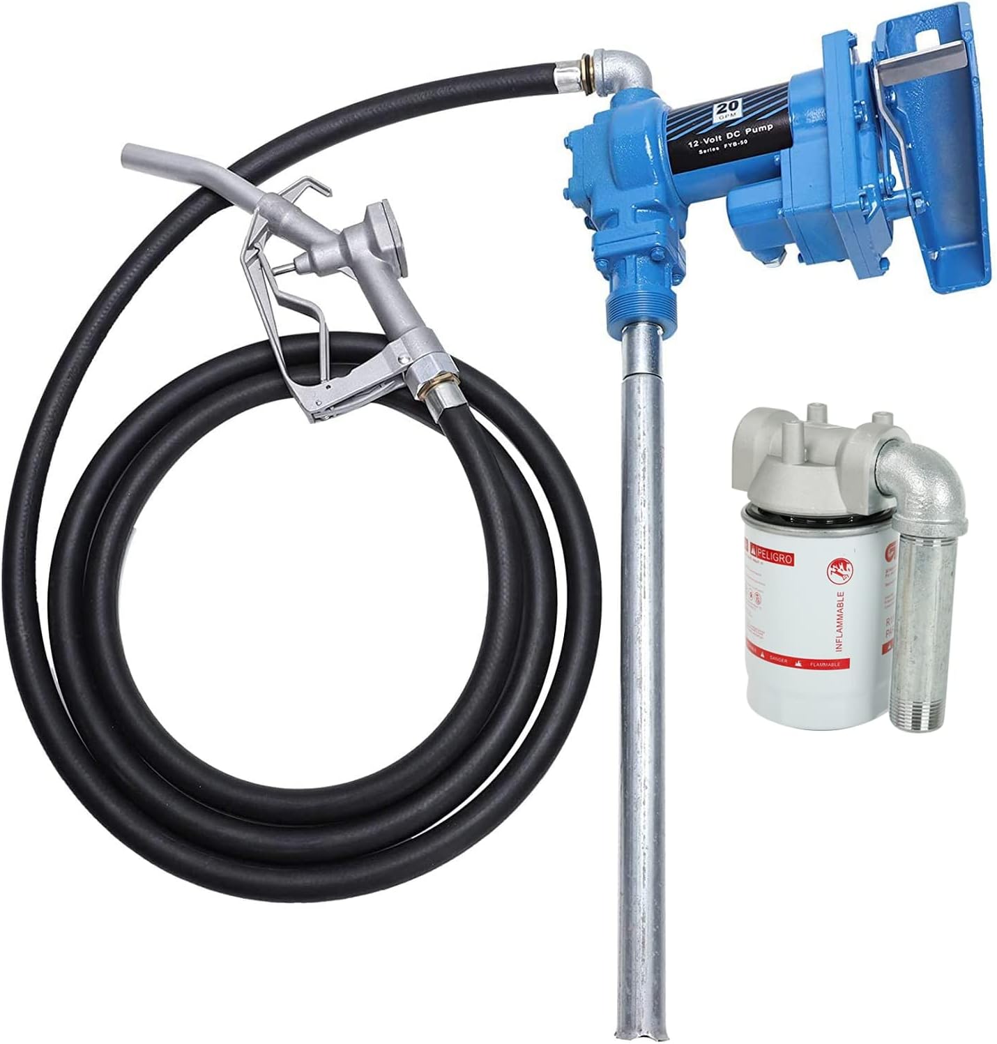 SUPERFASTRACING 20GPM 12V Fuel Transfer Pump DC Gasoline with Nozzle Kit for Gas Diesel Kerosene Blue with Particulate Filter