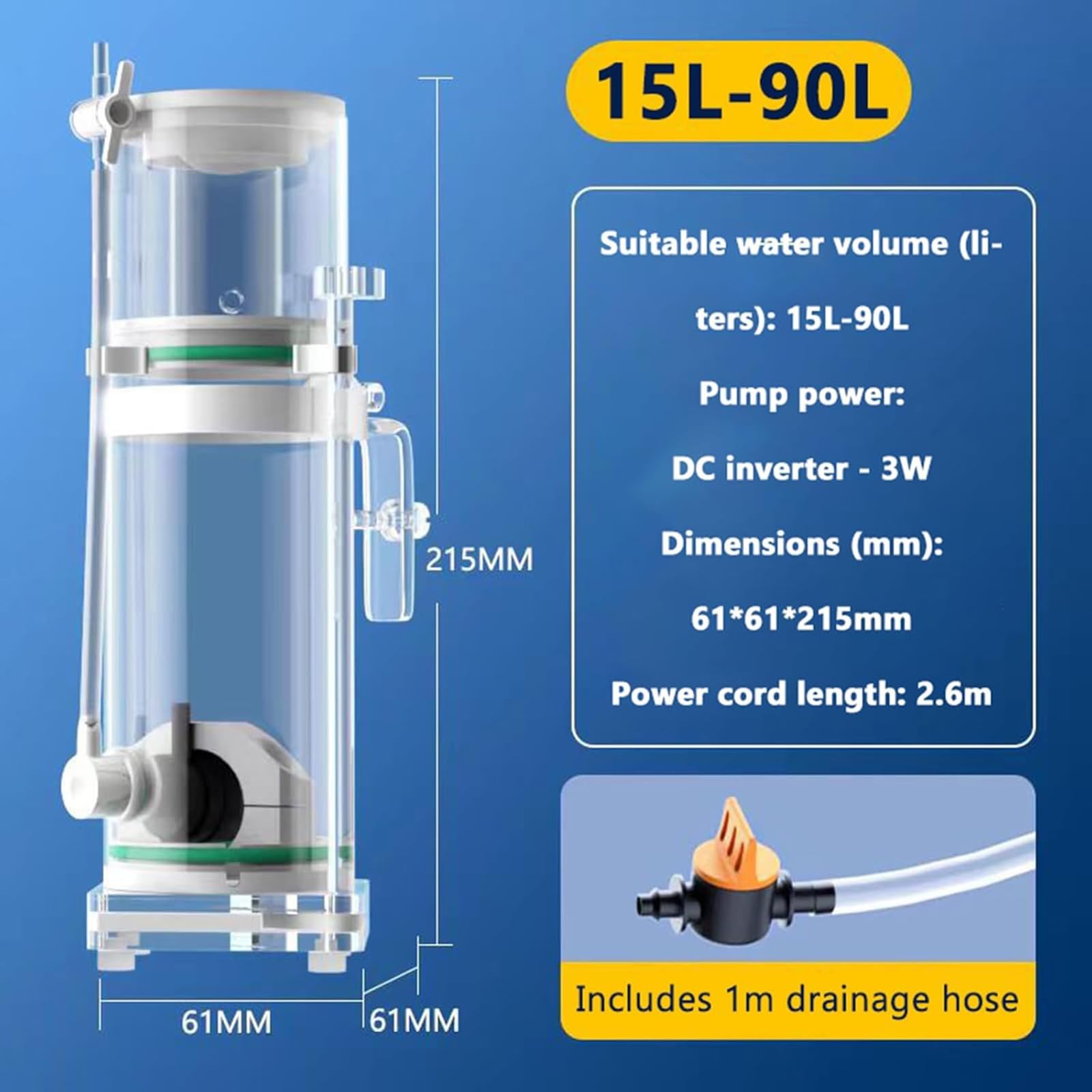 Schiumatoi per acquari marini, schiumatoio di Superficie per acquari d'Acqua Dolce, Bolle Regolabili, Pompa dell'Acqua con Motore DC Inverter da 3W, con Tubo di Scarico da 1 Metro. (15)