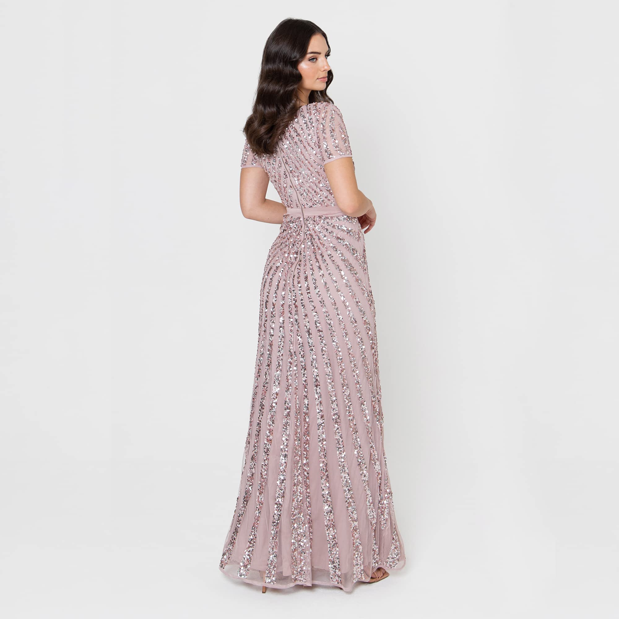 Maya Deluxe Maxi damska damska ozdobiona cekinami sukienka z długim rękawem w serek wysoka imperialna talia wycięty błyszczący bal suknia ślubna damska sukienka druhny, Frosted Pink, 52