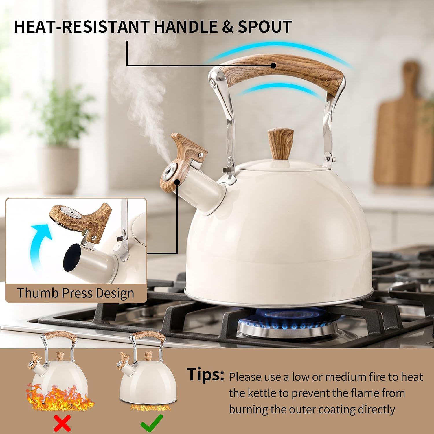 Tea Kettle for Stove Top, 3.2 Quart / 3 Liter Whistling Tea Kettle, Stainless Steel Tea Pot with Wood Pattern Folding Handle, Beige image 3