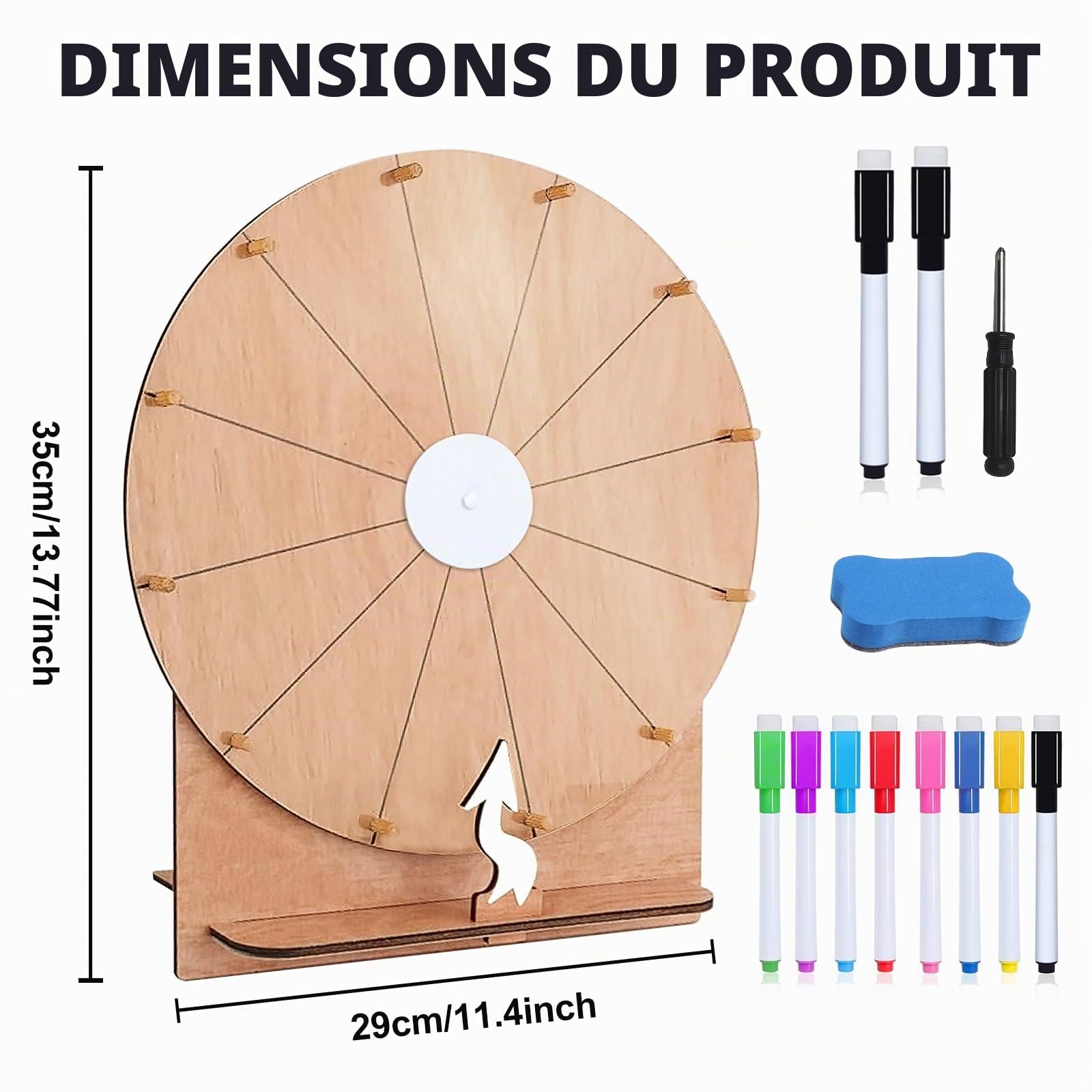 Grand set de roue de la fortune, roue de la fortune de 30 cm à tourner avec support et marqueur, roues de la fortune à personnaliser, roue de la fortune en bois, jeu de roue de la fortune effaçable