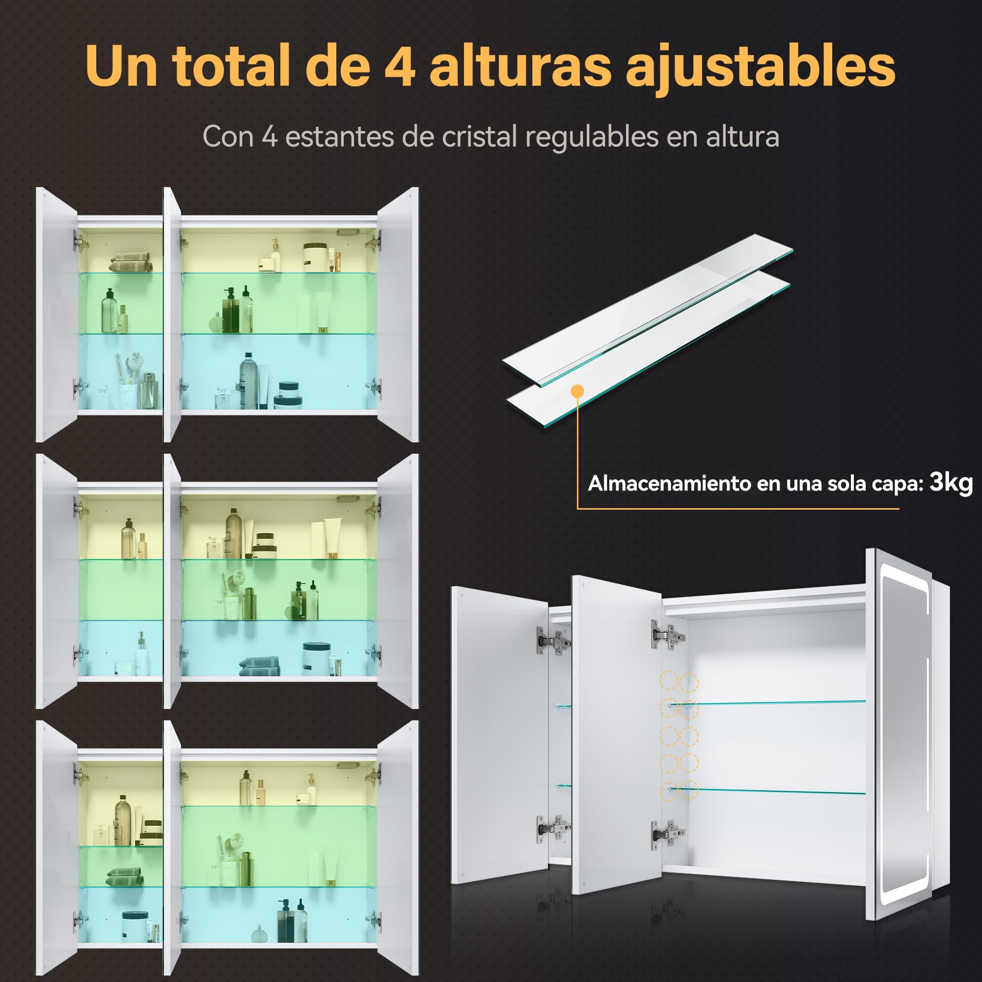 SONNI Armario Baño Espejo con Iluminación LED, Mueble Espejo Baño LED Antivaho Regulable en 3 Colores, Armario con Espejo de 3 Puertas con Bisagra Inalámbrica 90x60x14cm