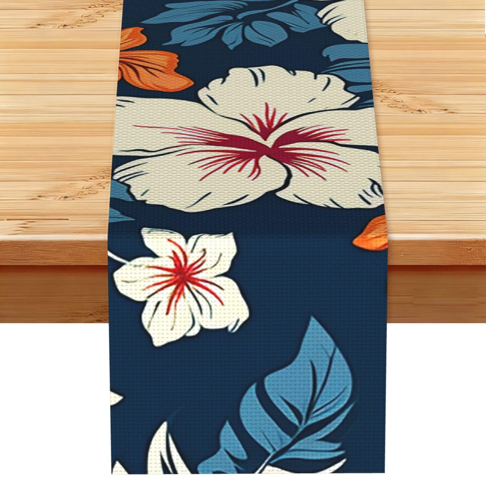 Fodpand Black Rustic Cotton Linen Table Runner, Hawaii Flower Table Runners 13 X 72 Inches, Modern Elegant Farmhouse Tablecloth, Washable Kitchen Dining Table Decoration For Home Party Decor