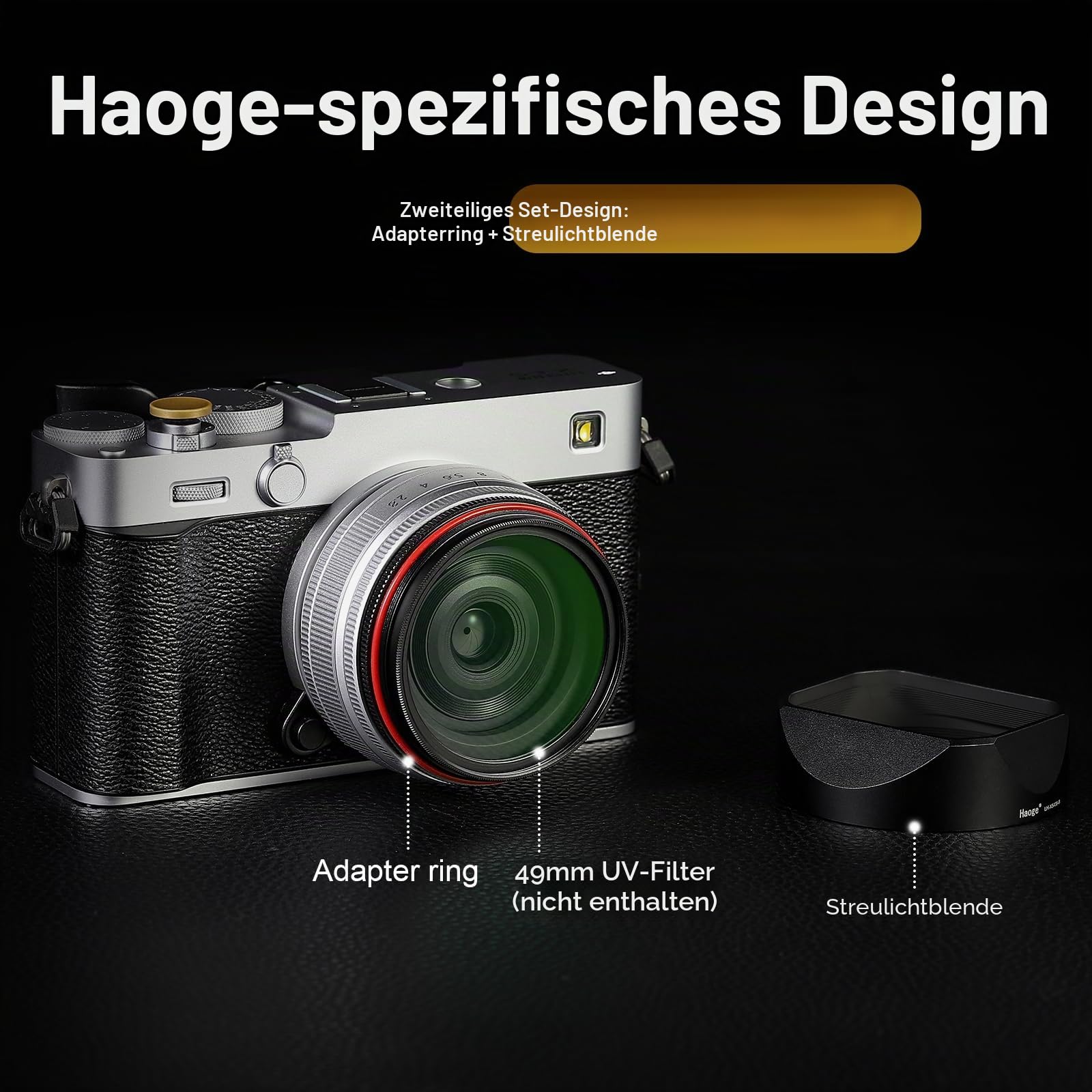 Haoge Metalllische quadratische Objektivblende for Fujifilm X-E5 & XF 23mm f2.8 Set Fujinon XF27mmF2.8 R WR Objektive 39mm Schraubbar Hood Black,with Metallldeckel, on XE5 Kamerakörper Kit