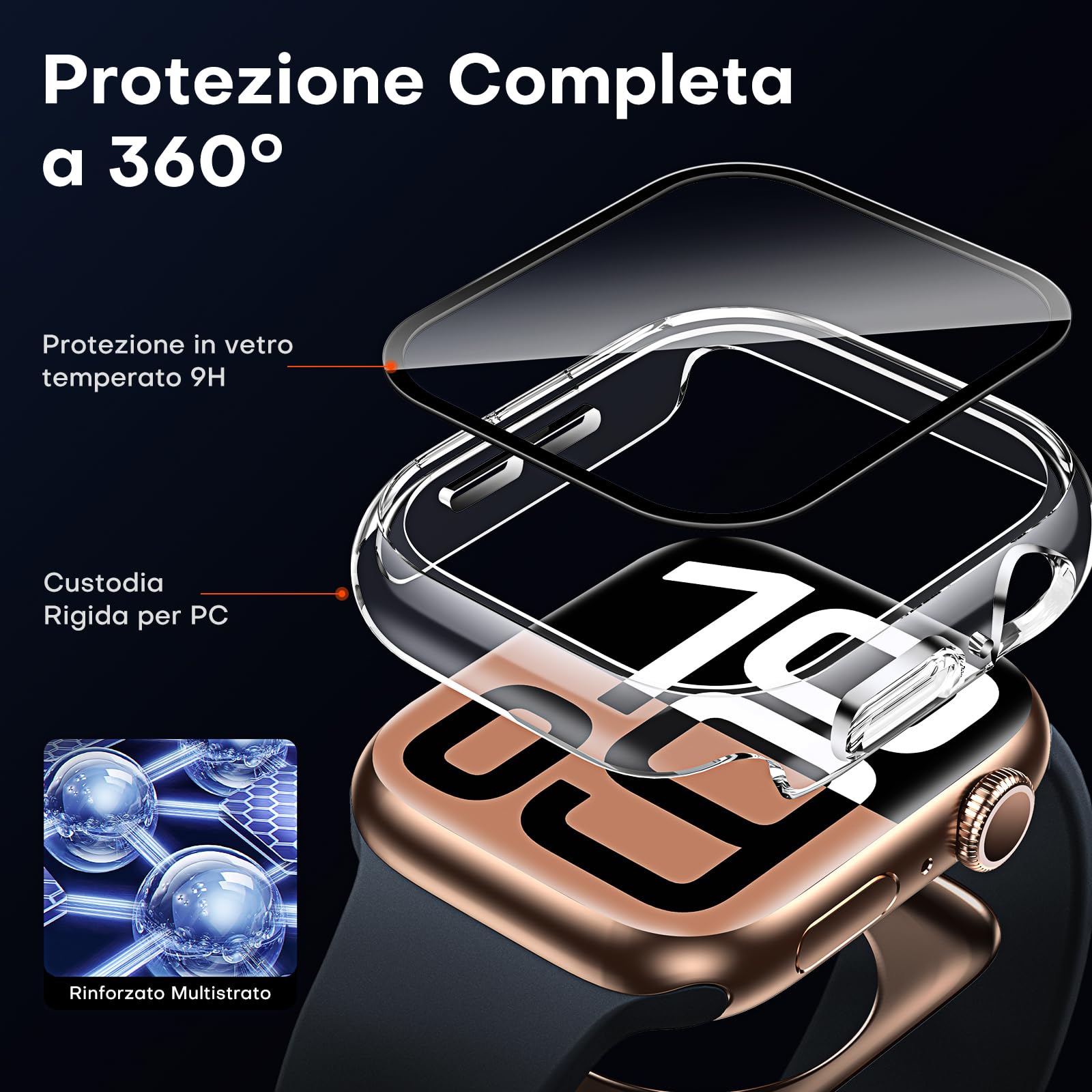 TAURI 2 Pezzi Cover per Apple Watch Series 10 42mm, [Certificazione IPX8 Impermeabile] con Protezione in Vetro Temperato 9H, [Completa] Custodia Protettiva Sottile 42mm-Trasparente