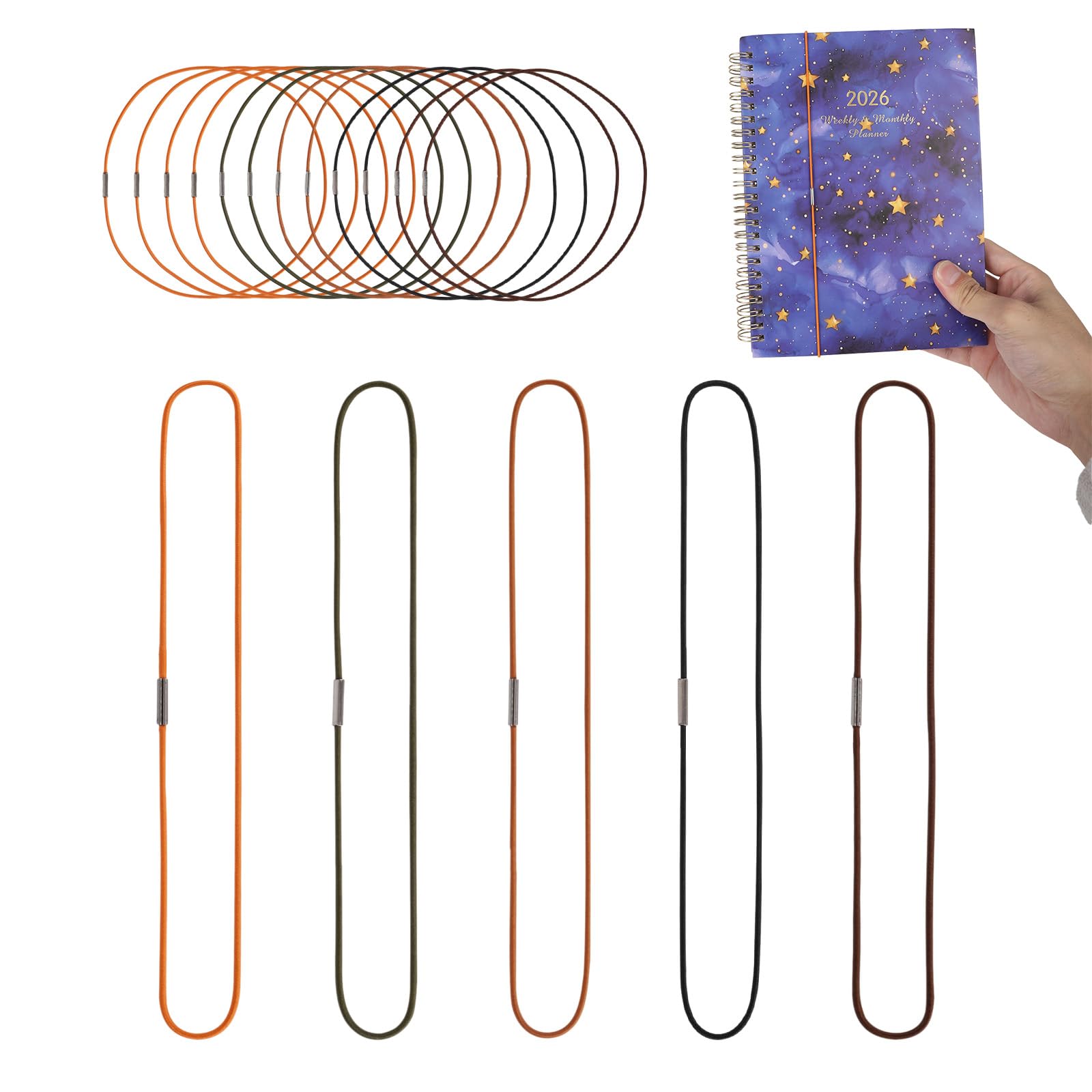 12pcs Travel Journal Elastic Bands, 5 Colors Nylon Stretchy Notebook Strap for Travelers Journal Notebook Planner Schedulers Diaries Accessories (Orange, Army Green, Caramel, Black, Coffee Brown)