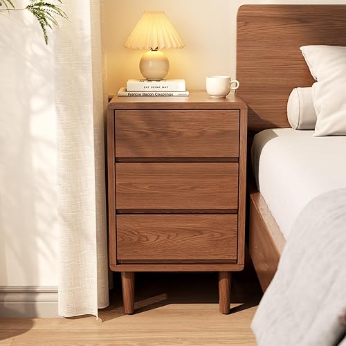 Mesita de noche de madera maciza (3 cajones, nogal profundo)