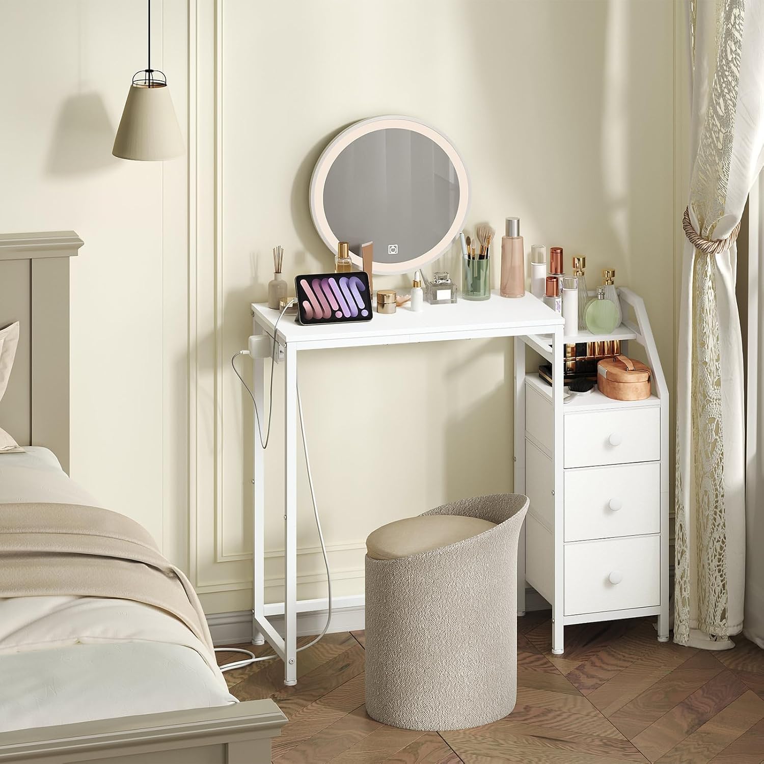 Coffee Bar Cabinet, Small Vanity Desk Without Mirror, Makeup Vanity Table with Power Outlet, White Vanity with Fabric Drawers, KF22WT-SZ01UWW