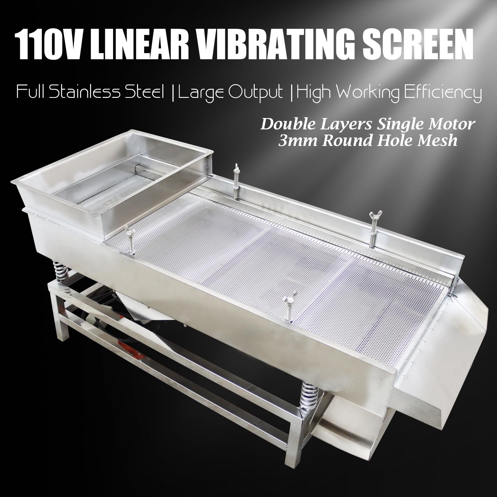 WYDDDARY Straight Vibrating Sieve Electric Linear Sifter Machine Stainless Steel Linear Vibrating Screen Single Layer Double Motors 3mm Round Hole Mesh 110V
