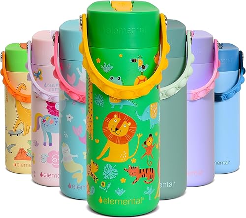Miniatura 21 de Elemental Botella de agua aislada para niños, botella de agua de acero inoxidable con tapa de popote y asa Pop-it, botellas de agua a prueba de