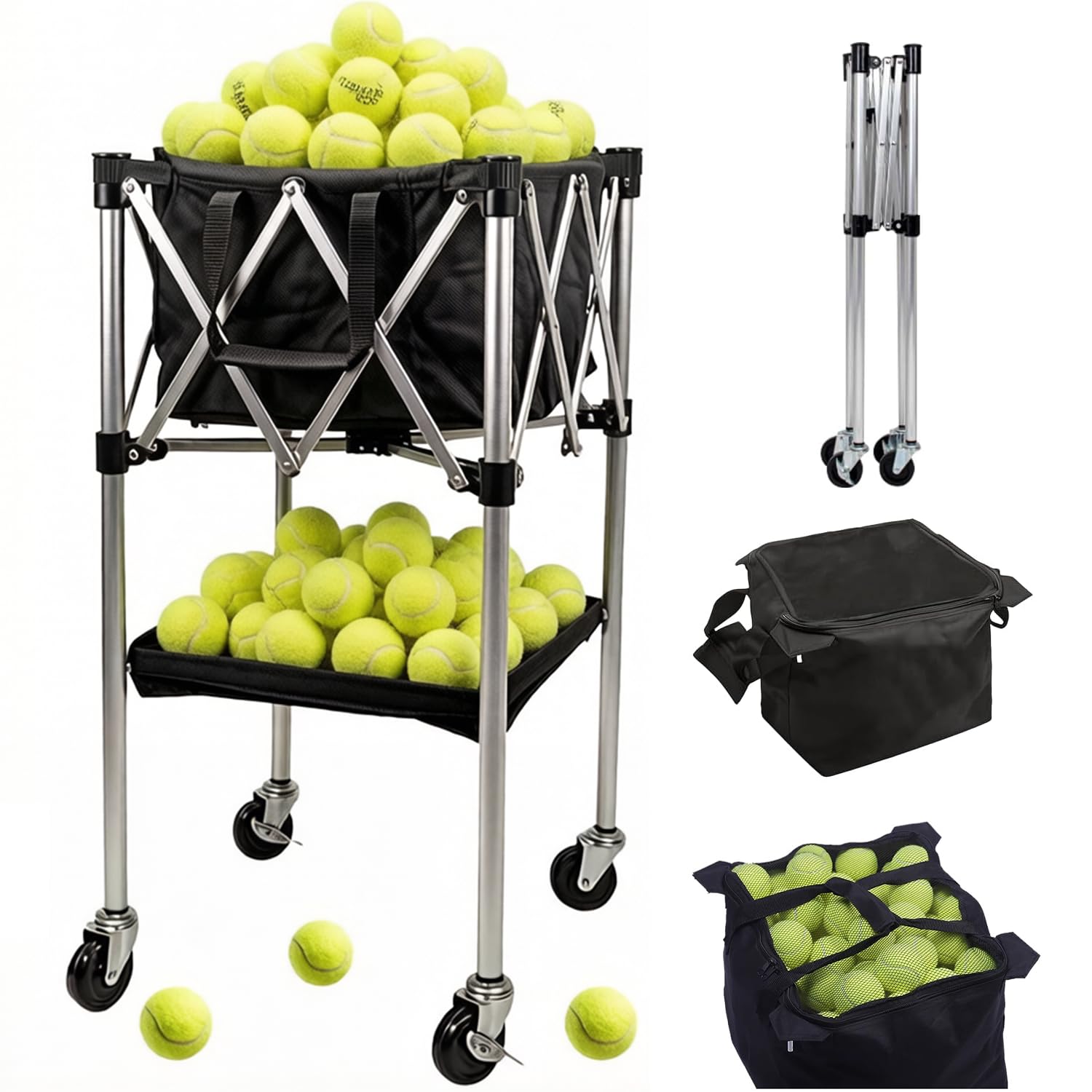 Tennis Ball Cart with Wheels,Portable Foldable Aluminum Alloy Sports Teaching Cart Tennis Balls Basket with 360° Swivel Wheels&Removable Handbag&Bottom Tray,Hold Up to 200 Balls for Training Coach