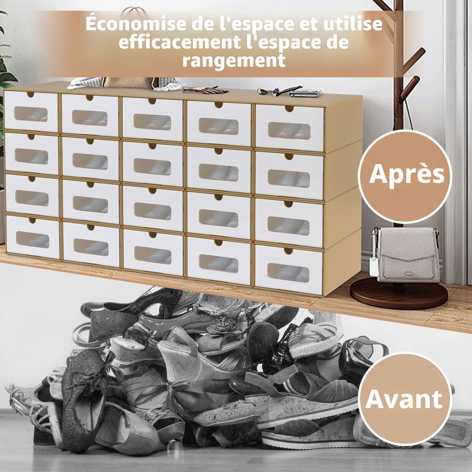 ACXIN Lot de 20 boîtes à chaussures empilables - Tiroirs avec fenêtre transparente - Carton en papier kraft - 34,5 x 23,5 x 13,5 cm