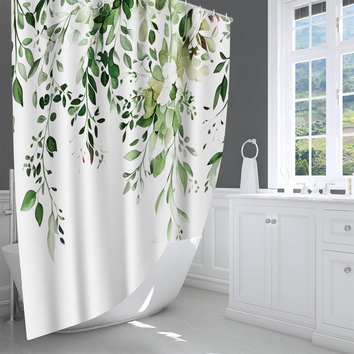 LIVETTY Shower Curtains Green Leaves Shower Curtain Extra Long Bath Curtain for Bathroom 200x200 cm Quick-Drying Kitchen Curtains Mould Proof Washable With 12 Hooks - Image 2